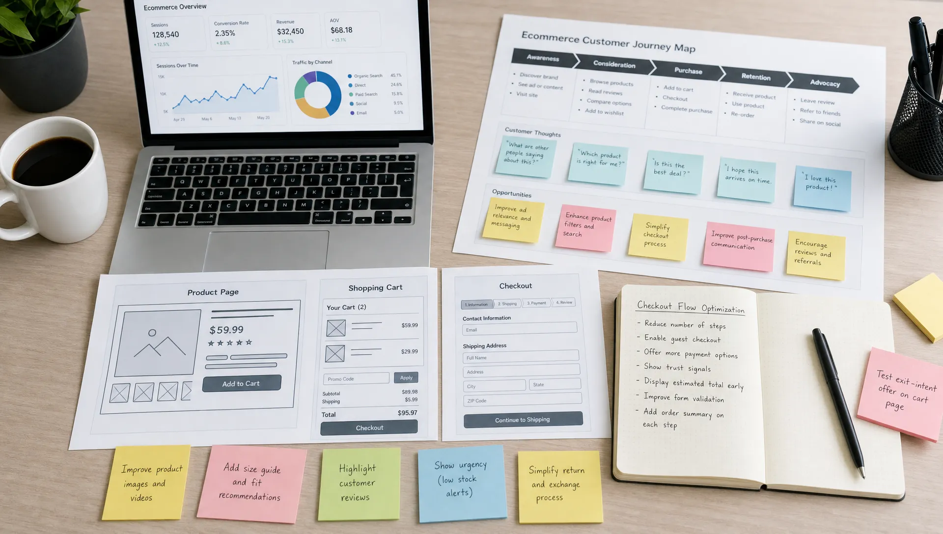 A retail optimization workspace with printed ecommerce journey maps, product page sketches, checkout flow notes, analytics charts, and sticky notes showing conversion improvement ideas.