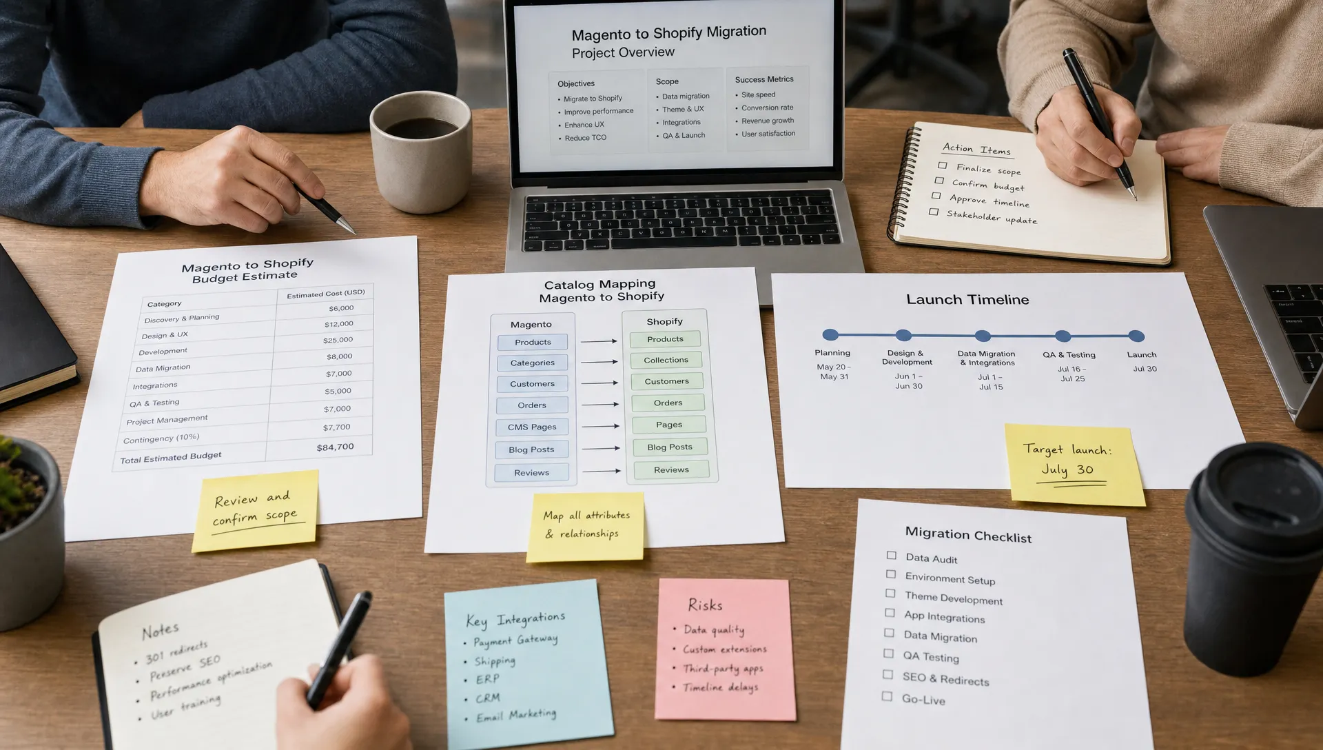 A retail planning table shows Magento to Shopify budget notes, catalog maps, and a launch timeline during a migration workshop.
