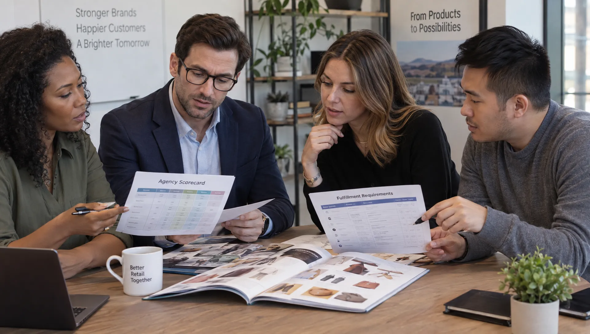 Retail leaders compare agency scorecards and fulfillment requirements during an in-person workshop, with product catalogs open between them.