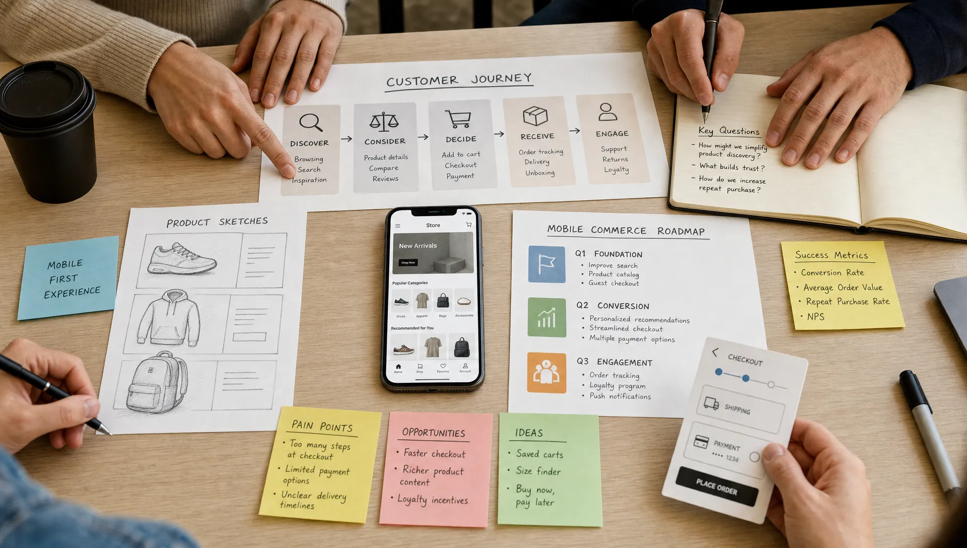 A retail strategy team reviews a mobile commerce roadmap with customer journey cards, product sketches, and KPI notes around a smartphone mockup.