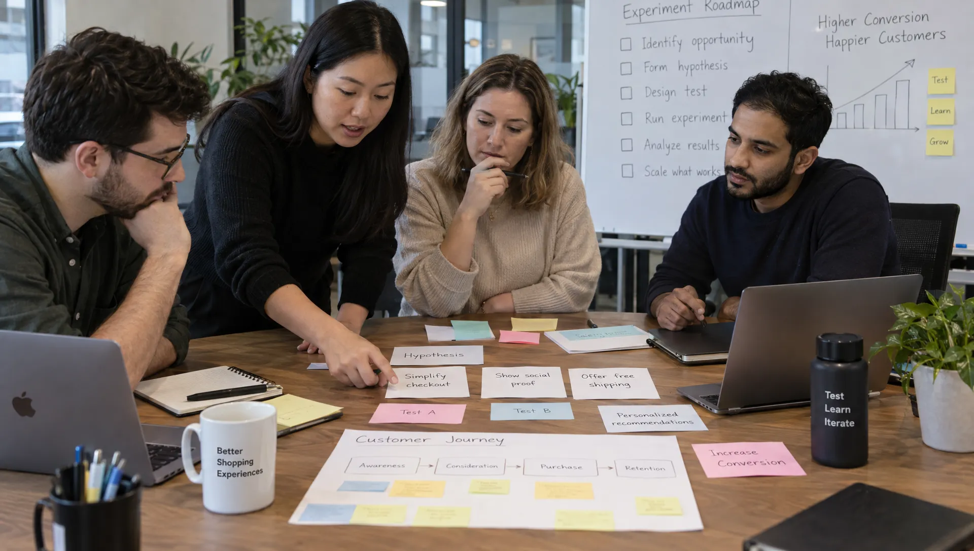A retail experimentation team compares hypothesis cards and customer journey notes around a table, deciding which conversion test is ready to run.