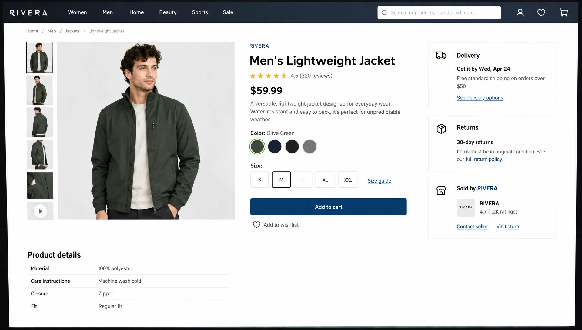 A retail product page shows available sizes, delivery estimates, return conditions and seller contact details on a monitor facing the reviewer.