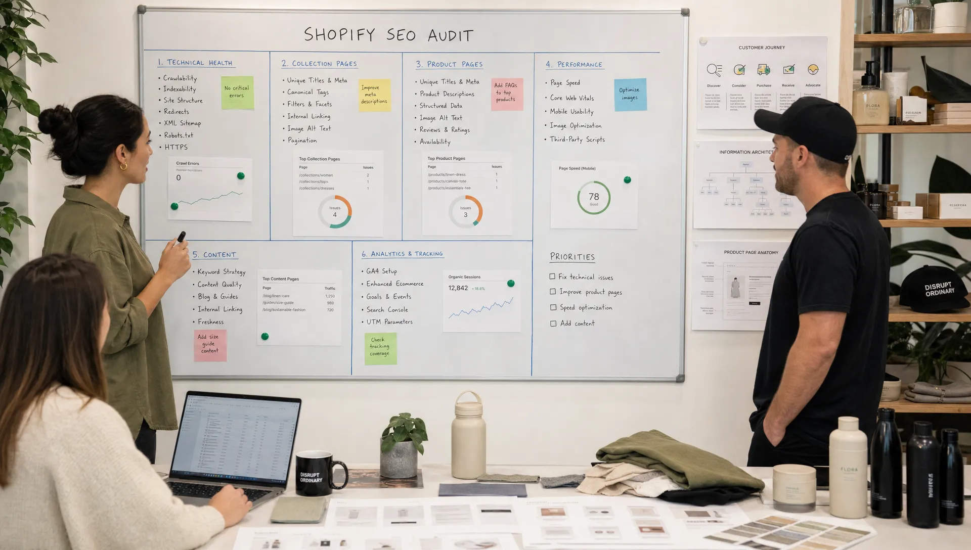 A retail ecommerce team reviews a Shopify SEO audit board with sections for technical health, collection pages, product pages, performance, content and analytics, surrounded by product samples and printed journey maps.