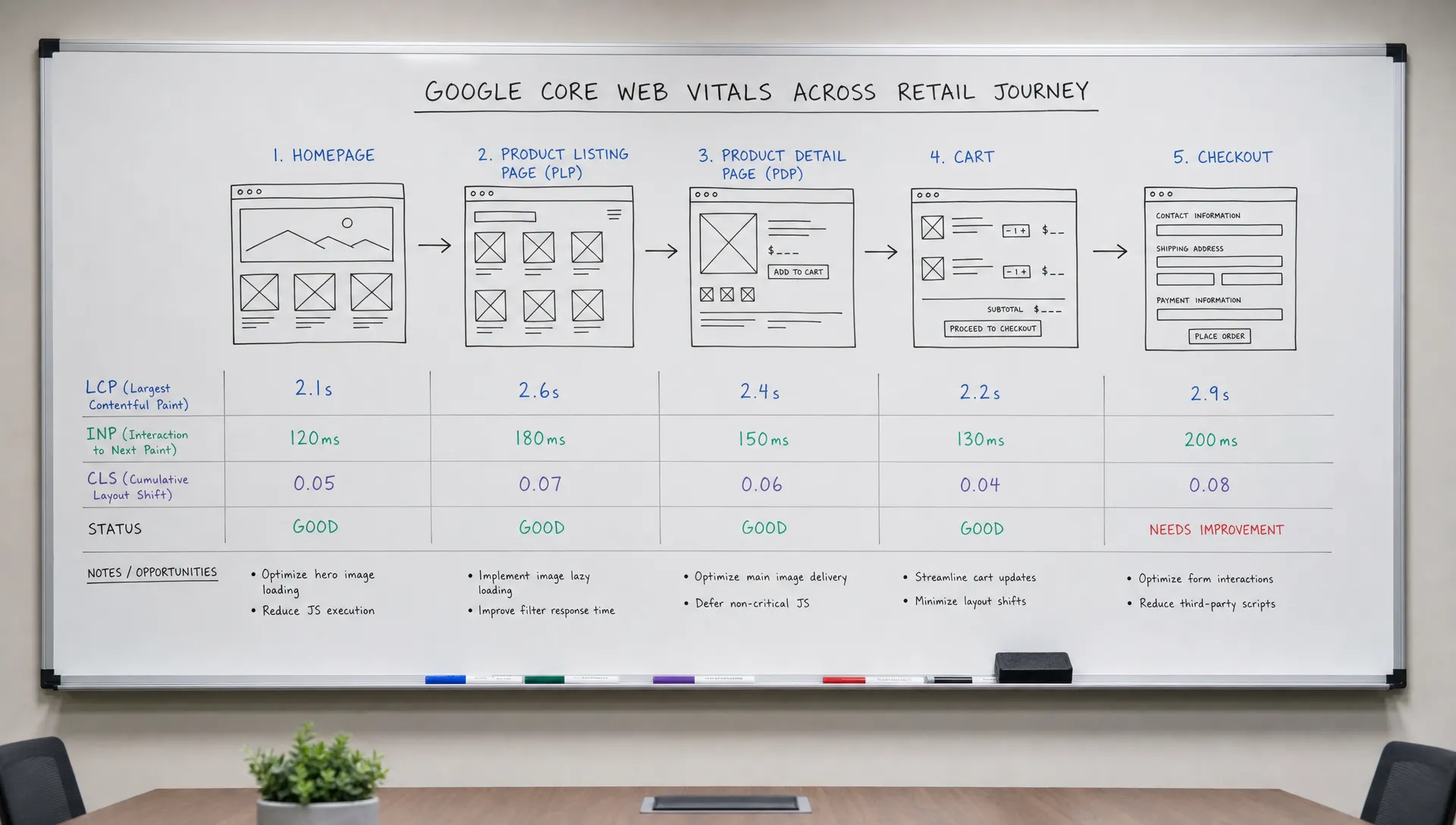 A whiteboard in a retail meeting room maps google core web vitals across homepage, product listing page, product detail page, cart, and checkout.