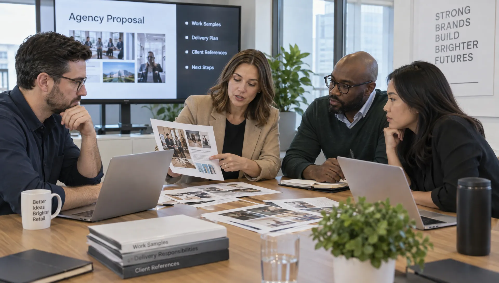 A retail leadership team compares agency work samples, delivery responsibilities and client references during a meeting at a table.