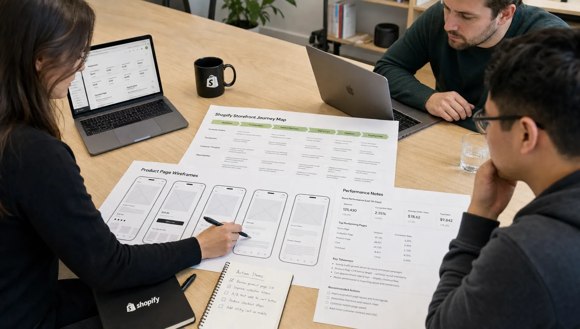 A retail ecommerce team reviews a Shopify storefront journey map, product page wireframes, and performance notes spread across a table.