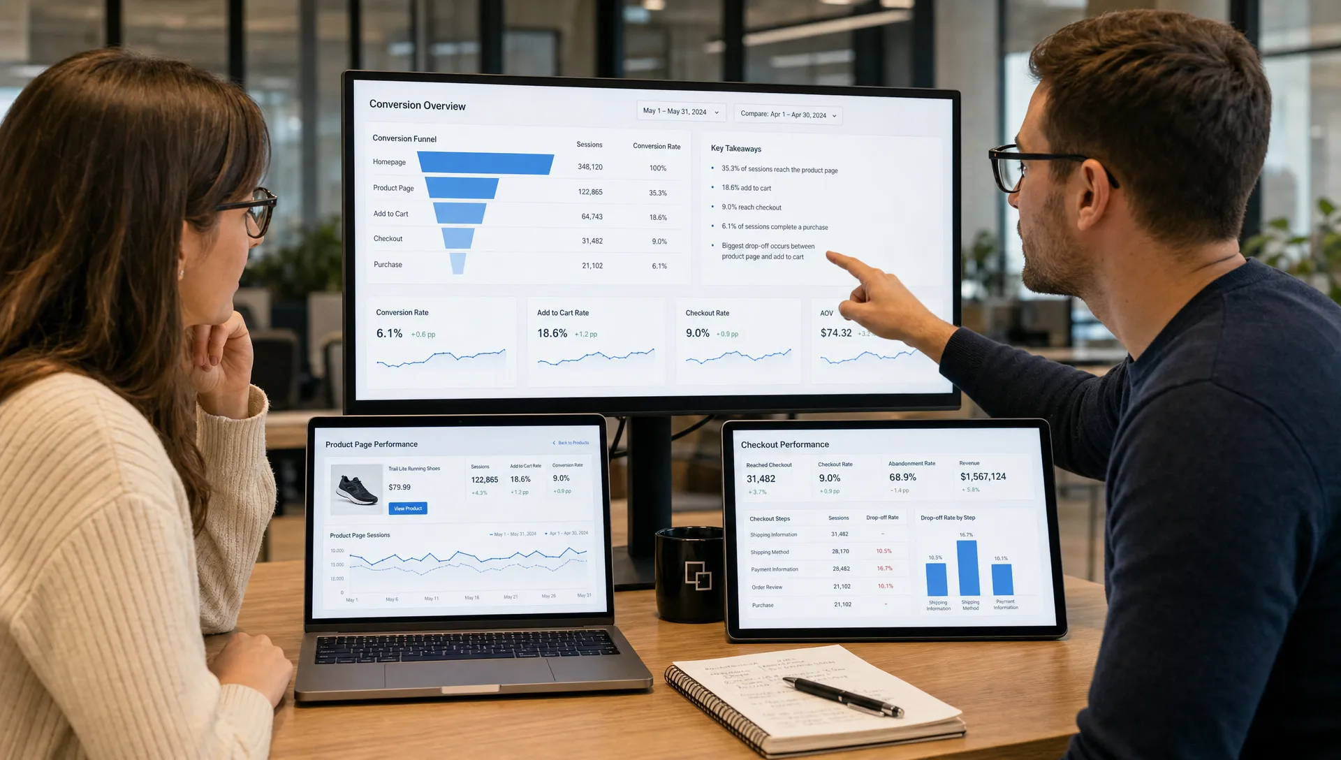 Two retail teammates review funnel, product page, and checkout metrics on screens while planning conversion improvements for a high-traffic store.