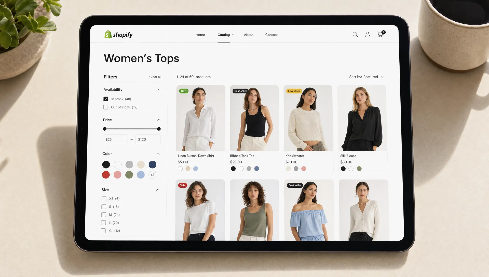 A tablet shows a Shopify collection page with filters, product cards, color swatches, and merchandising badges.