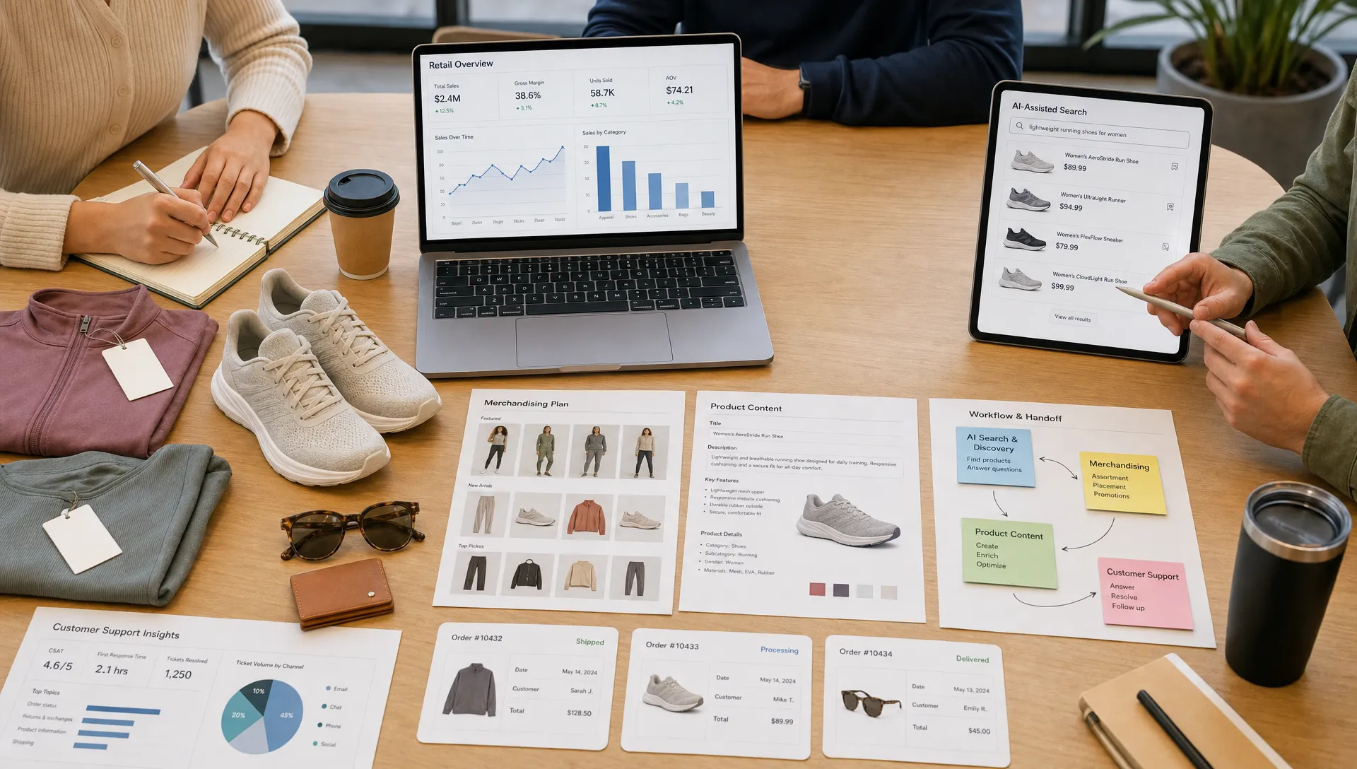 A retail operations table with product samples, analytics charts, order cards, and workflow notes connects AI-assisted search, merchandising, product content, and customer support.