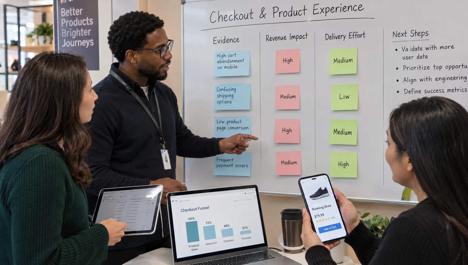 Retail team members compare checkout observations and mobile product pages around a wall board listing evidence, revenue impact and delivery effort.