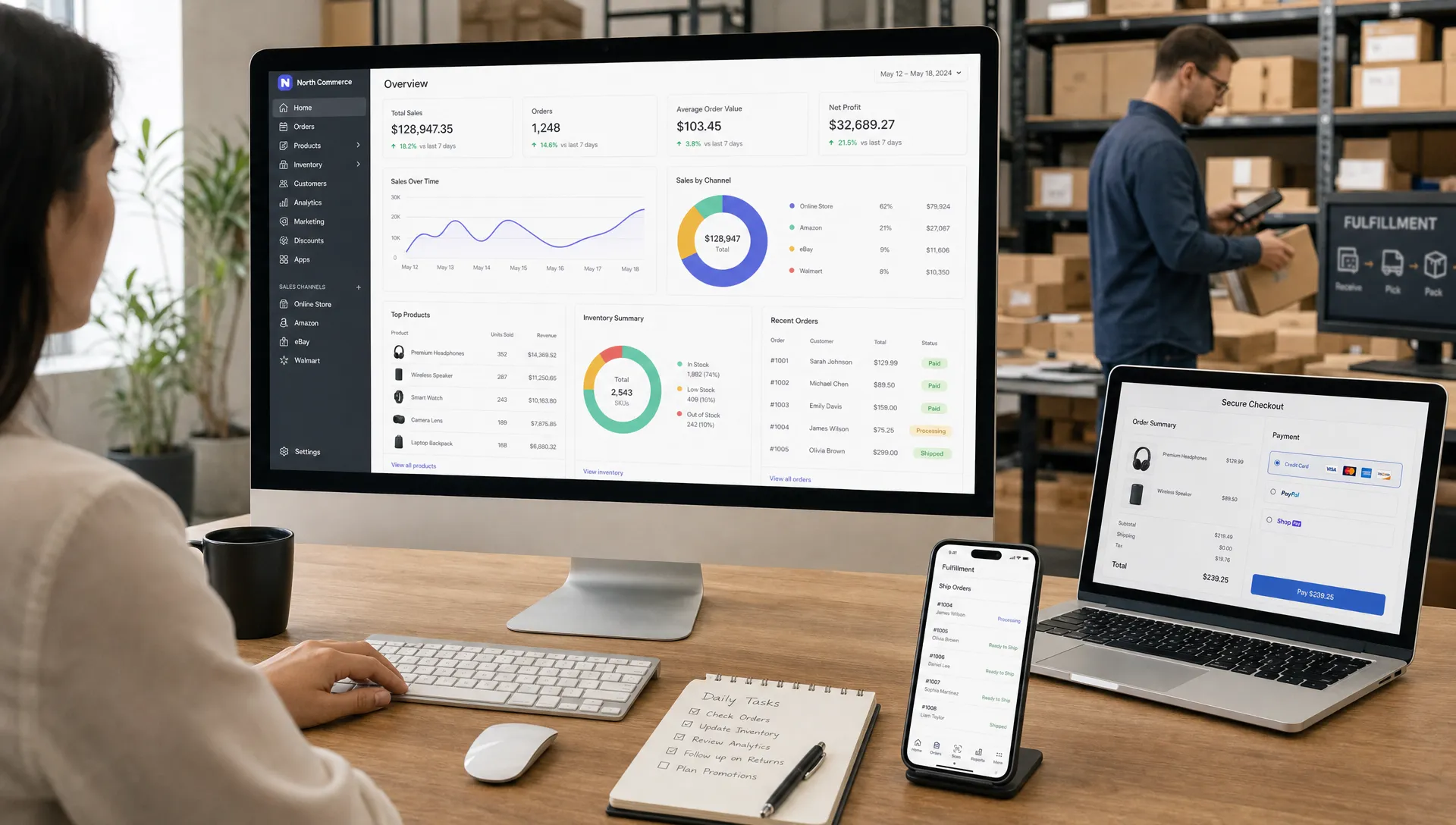 A modern ecommerce operations workspace shows product data, inventory, checkout, analytics, and fulfilment connected as one retail system.