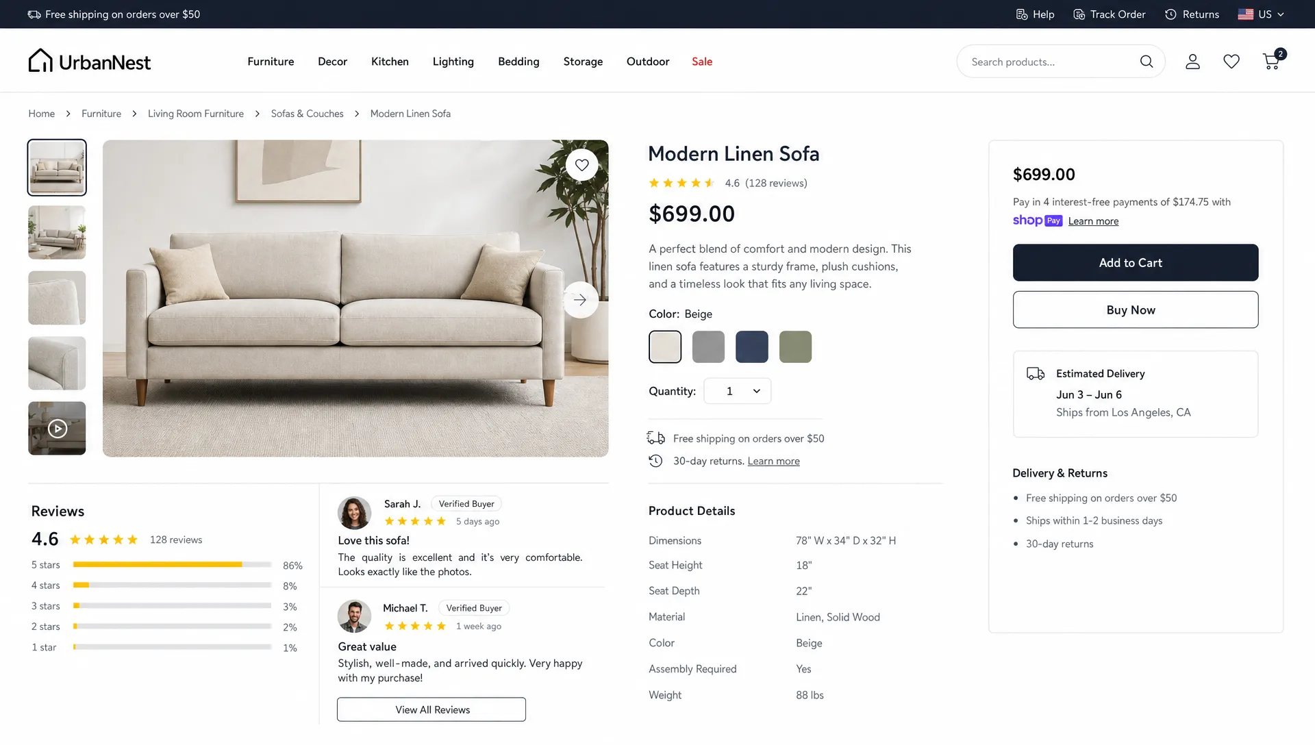 A retail website interface shows clear navigation, product cards, delivery information, reviews, and a simple checkout path.