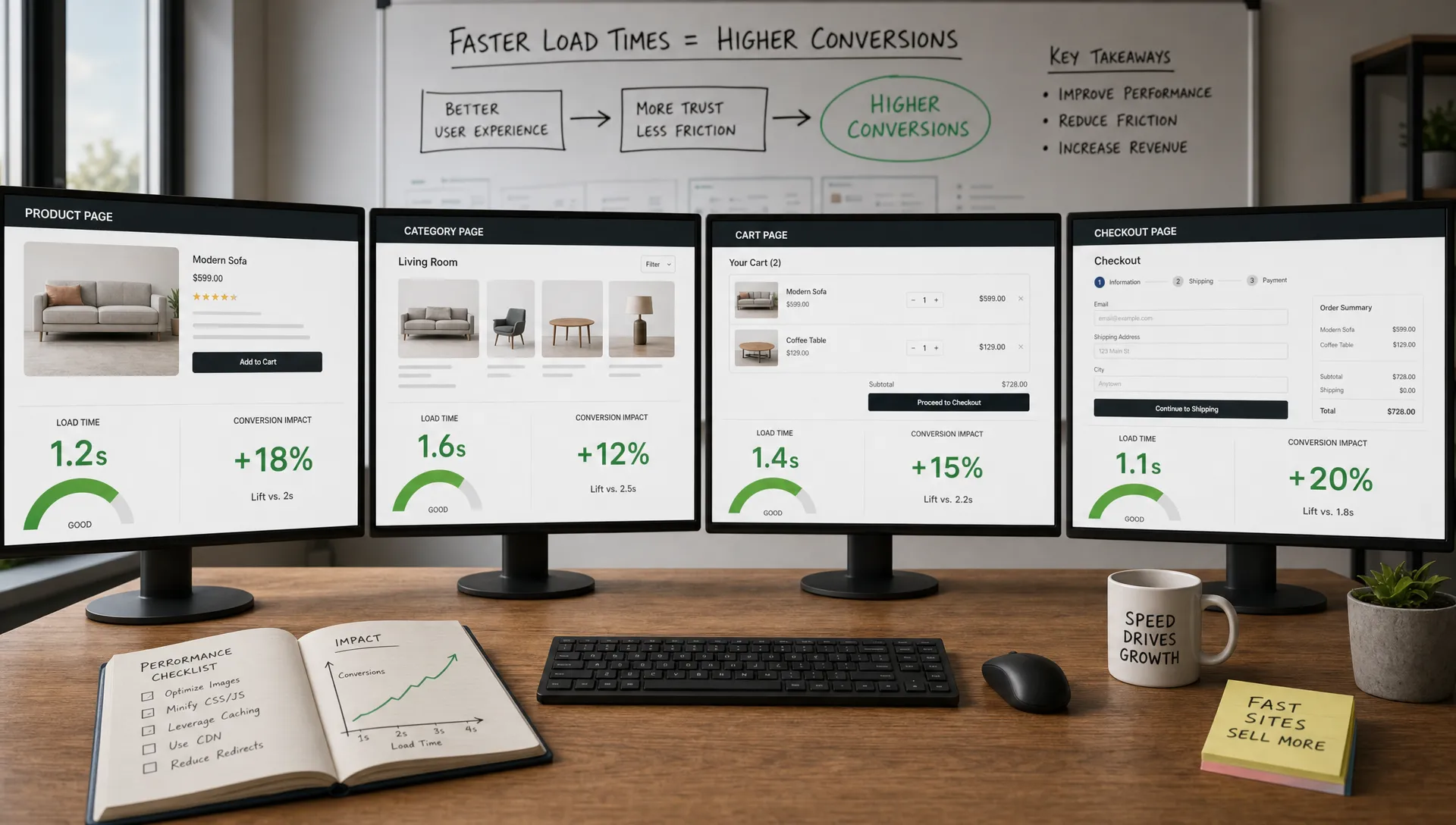 A retail ecommerce performance workspace with front-facing monitors showing simplified product page, category page, cart, and checkout speed indicators, with notes connecting faster load times to conversion improvements.