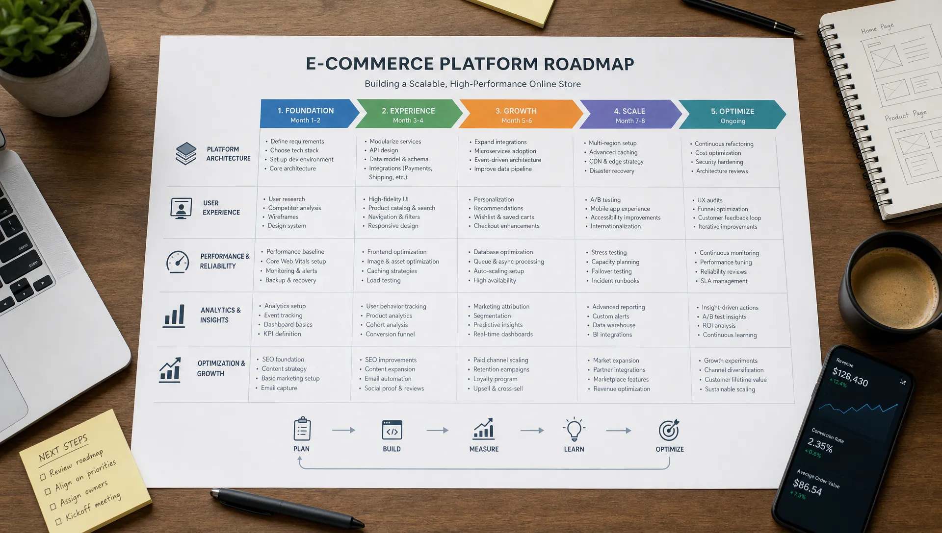 A roadmap sheet and planning desk connect platform architecture, UX, performance, analytics, and ongoing optimization for a modern online store.