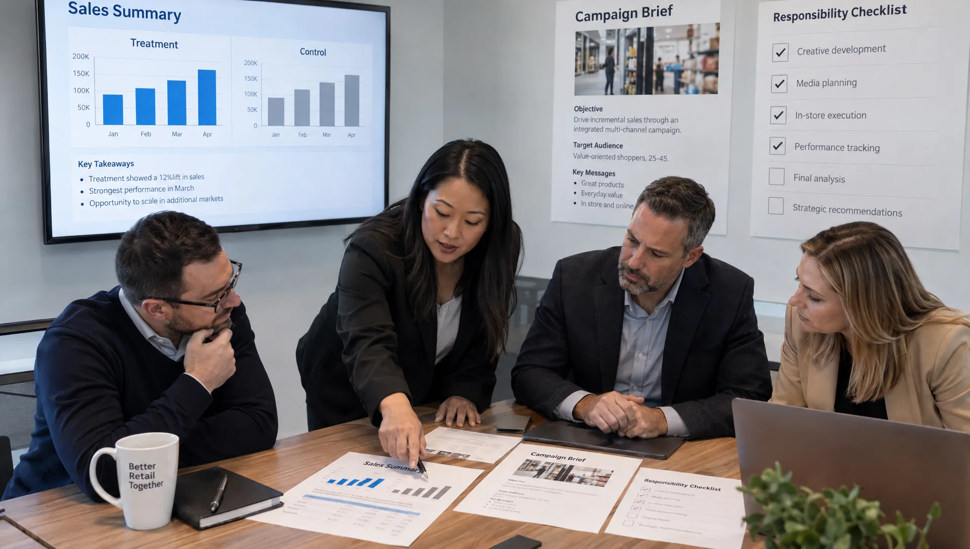 Retail leaders review treatment and control sales summaries beside a campaign brief and responsibility checklist to assess an agency pilot.