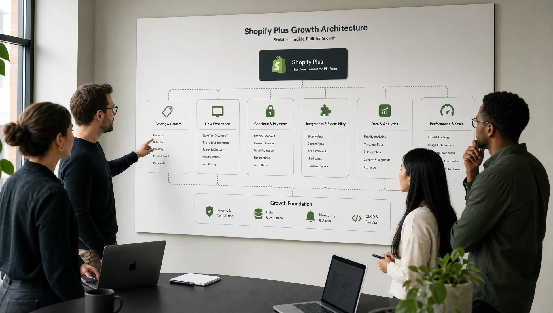 A retail ecommerce team reviews a Shopify Plus growth architecture on a wall, with connected cards for catalog data, UX, checkout, integrations, analytics, and performance optimization.