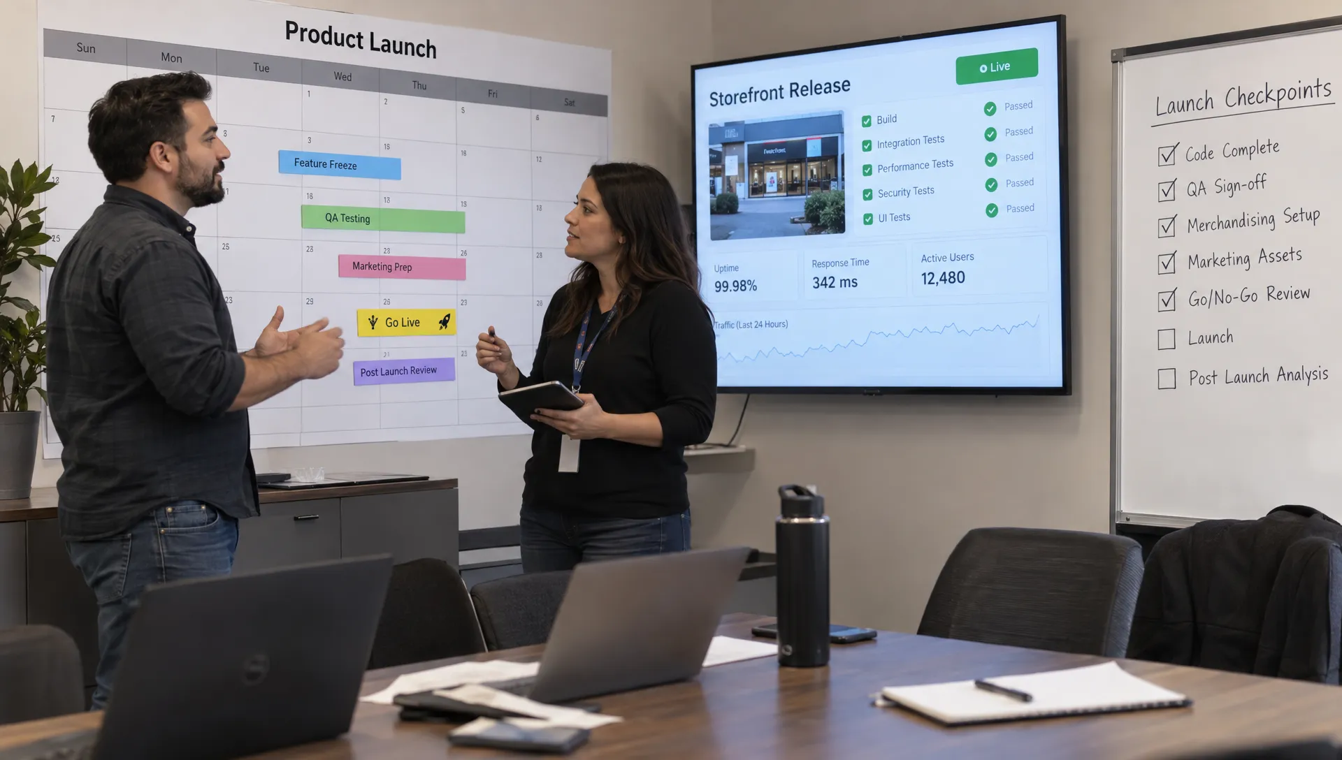 Retail engineering and merchandising leads review test results and launch checkpoints for a Salesforce Commerce release.