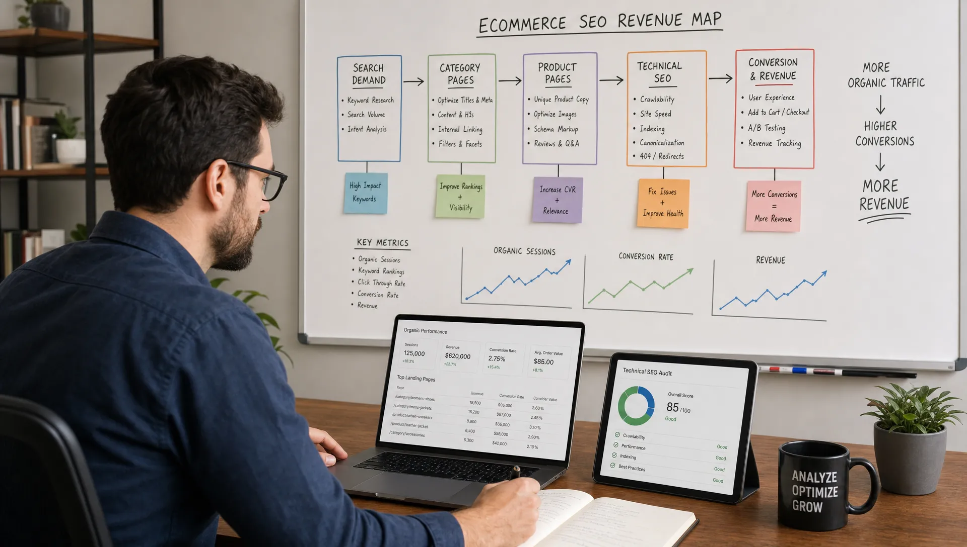 An ecommerce SEO consultant reviews category pages, product pages, search demand, technical fixes, and conversion data on a revenue map.
