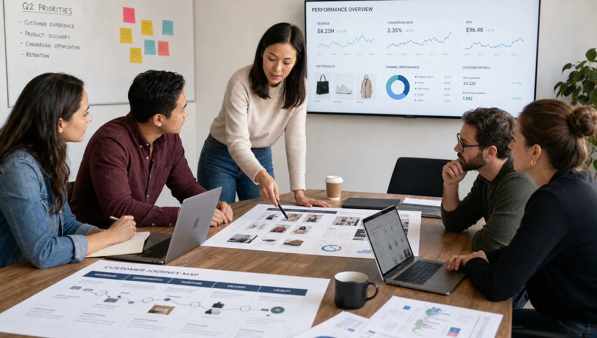 A retail commerce team reviewing customer journey maps, product imagery, analytics charts, and performance metrics together in a collaborative workspace.