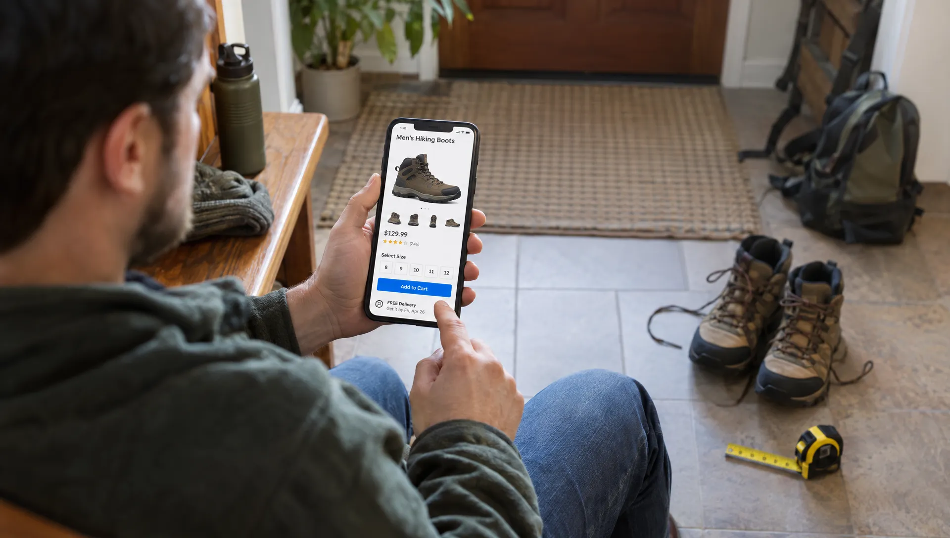 A shopper checks boot sizes and delivery information on a phone beside hiking boots and a measuring tape, illustrating how to improve ecommerce conversion rate.