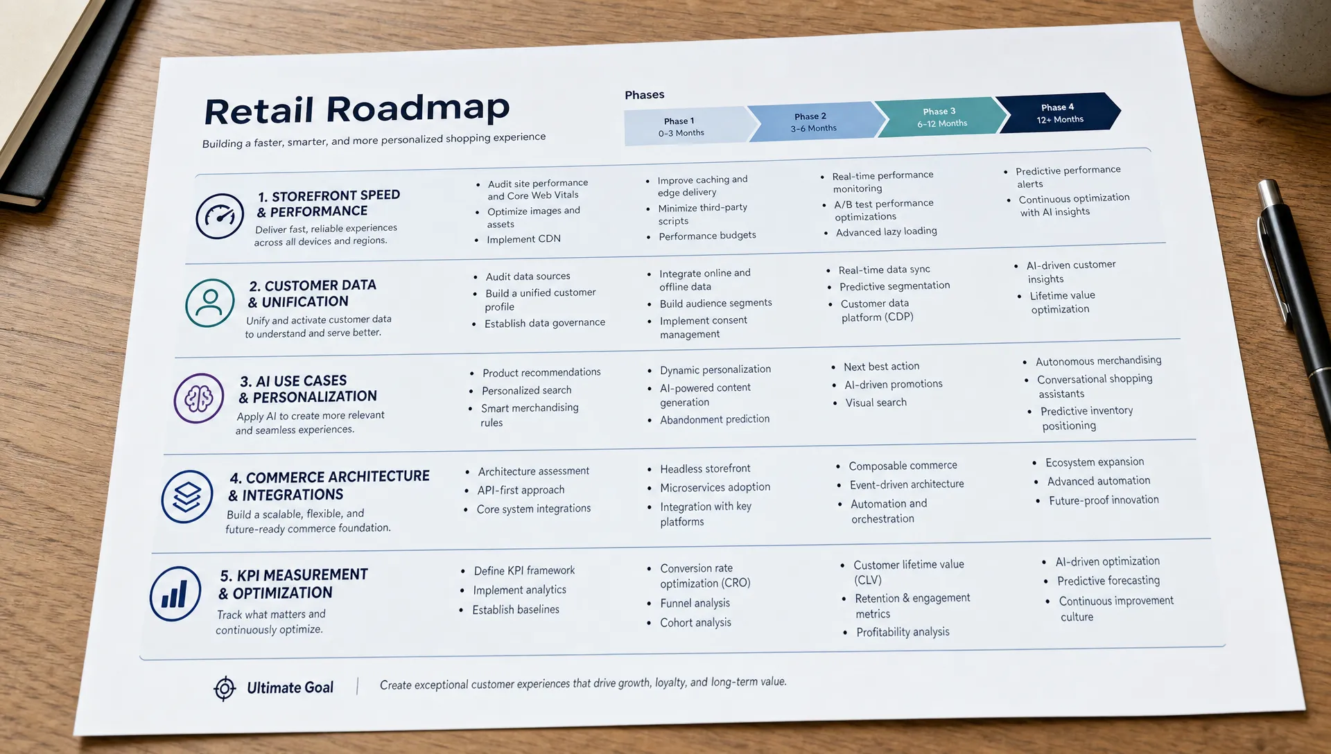 A retail roadmap sheet on a table lays out storefront speed, customer data, AI use cases, commerce architecture, and KPI measurement.