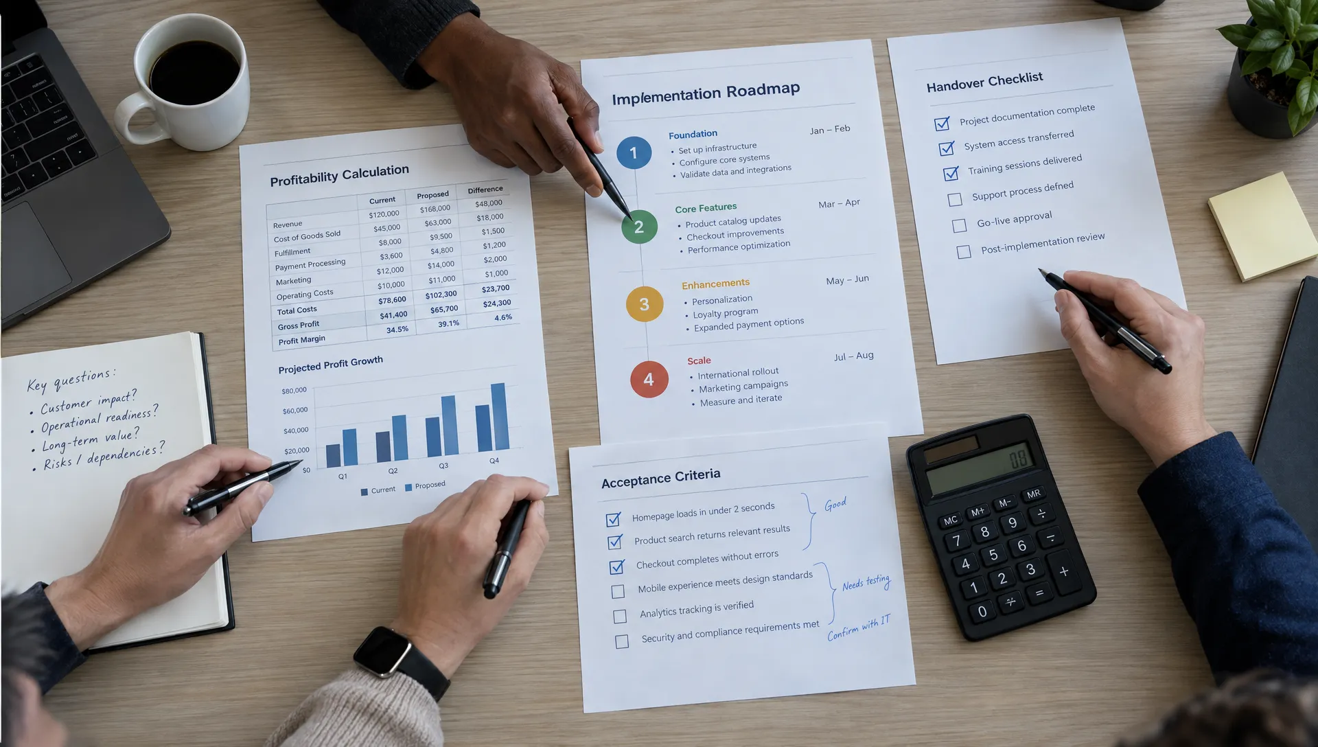 Retail team members compare profitability calculations, an implementation roadmap, and handover tasks to assess lasting value from ecommerce consulting firms.