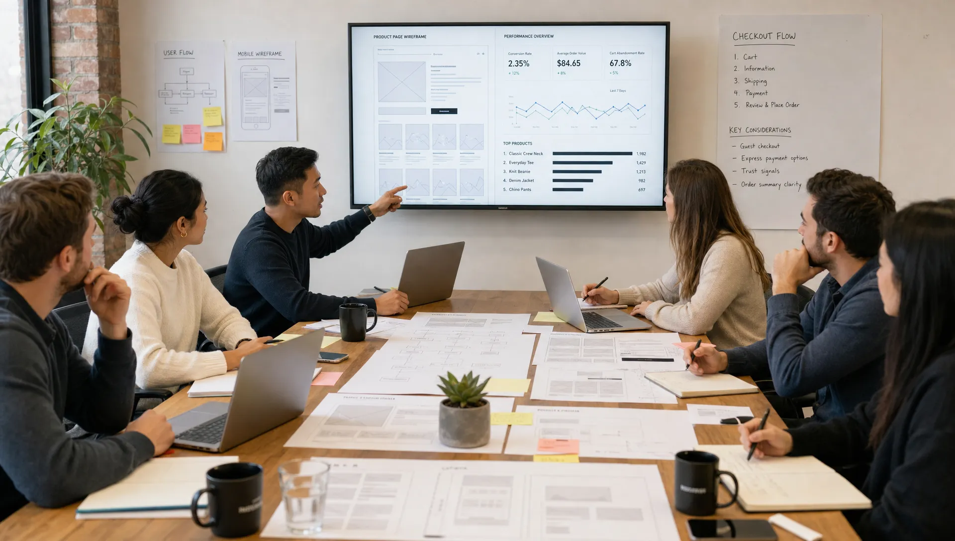 A retail ecommerce team reviews product page wireframes, performance metrics, and checkout flow notes around a large table during an agency workshop.
