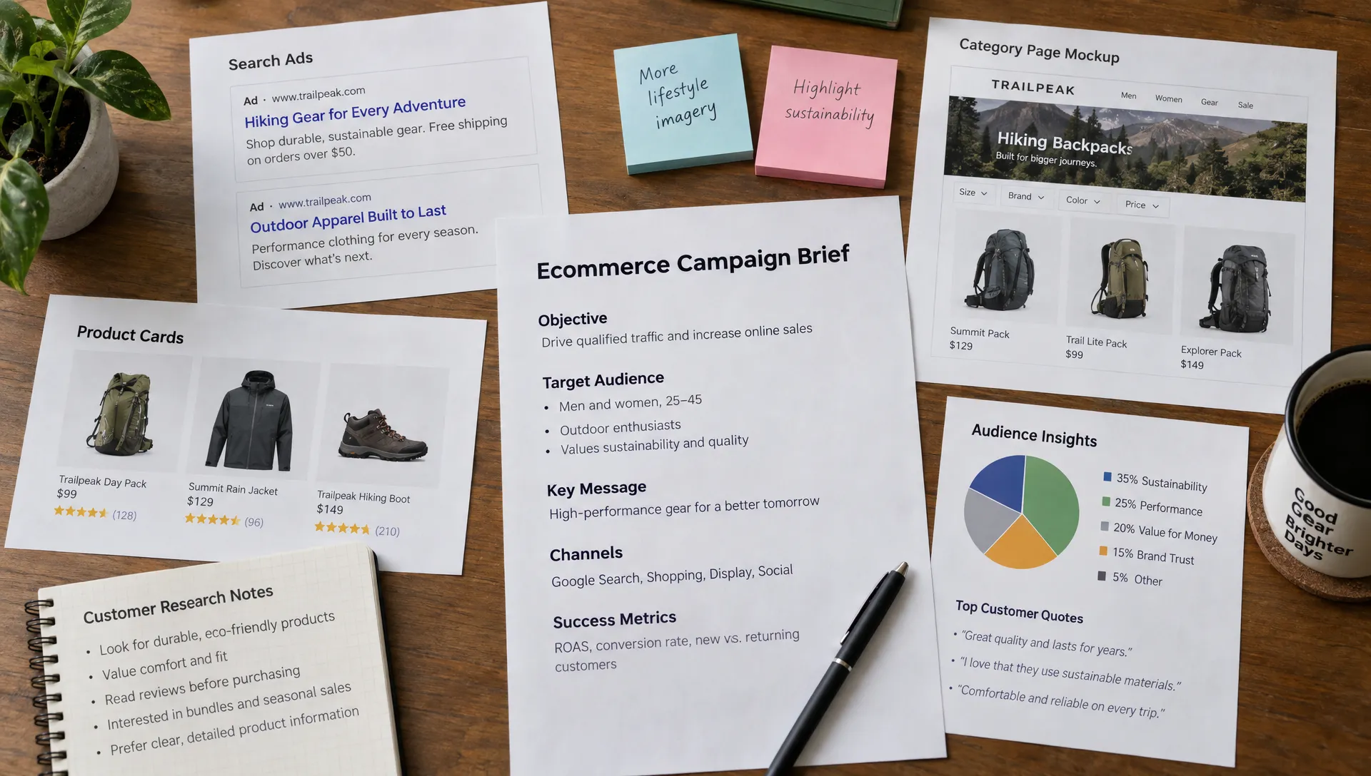 Overhead view of a shared ecommerce campaign brief surrounded by printed search ads, category-page mockups, product cards and customer research notes.