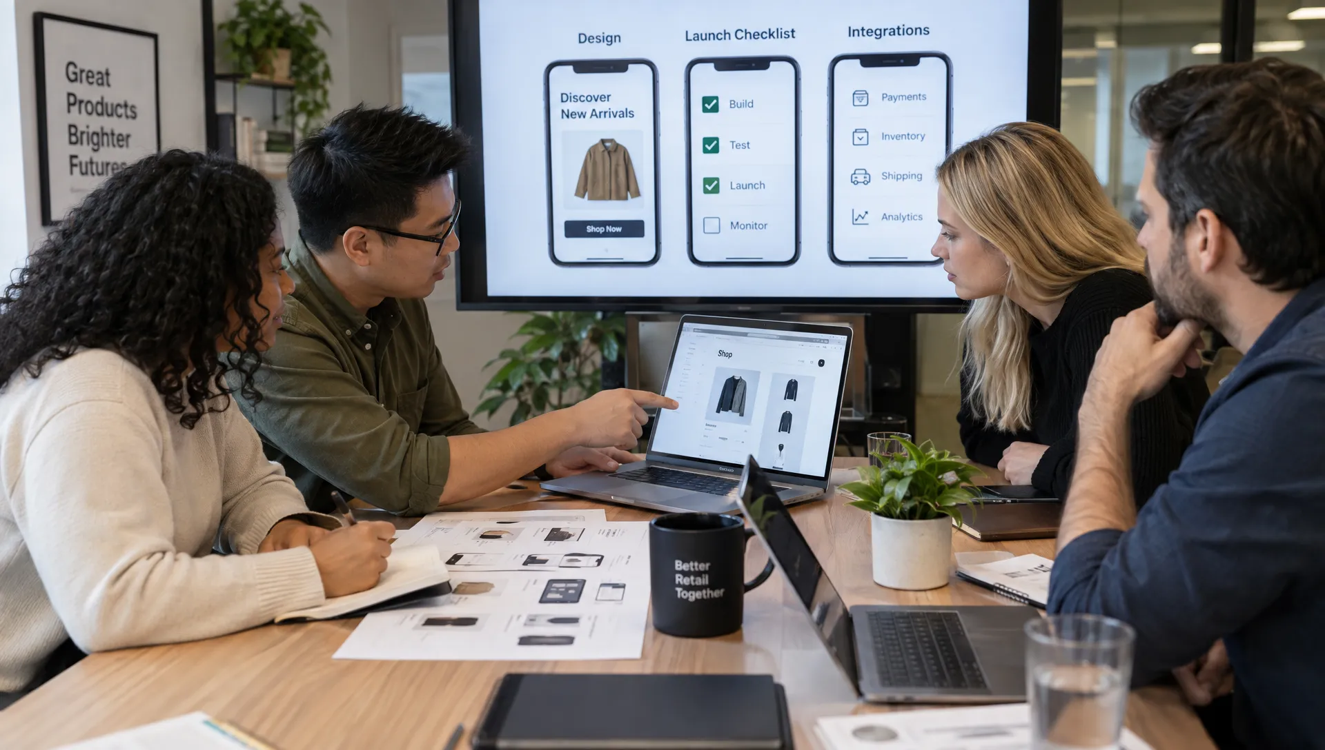 Retail colleagues review mobile storefront designs, launch checks and integration notes together at a meeting table.
