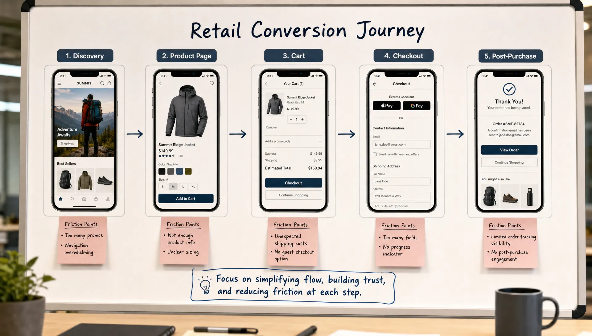 A retail conversion journey is mapped across cards for discovery, product page, cart, checkout and post-purchase, with arrows and notes marking friction points.