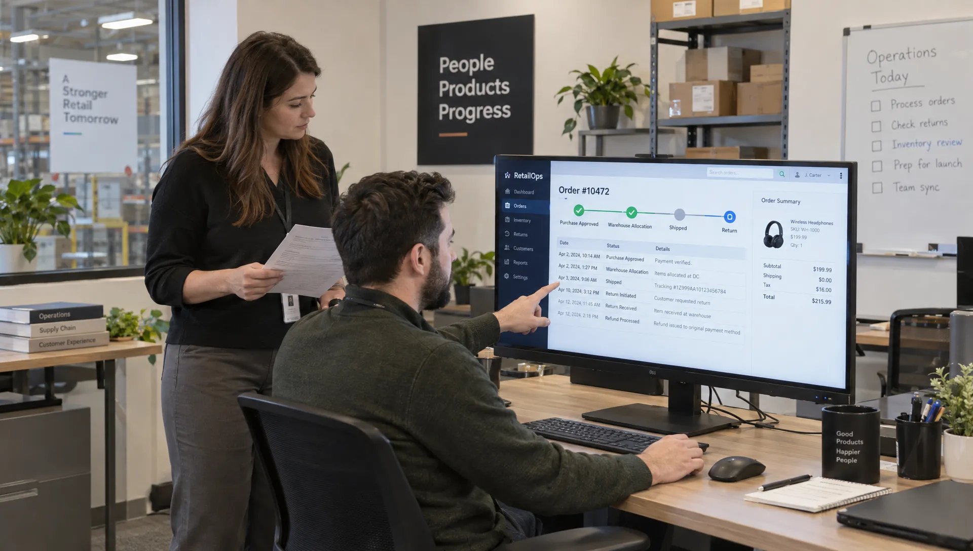 Retail staff review an order timeline covering approval, warehouse allocation, and returns in custom Magento development.