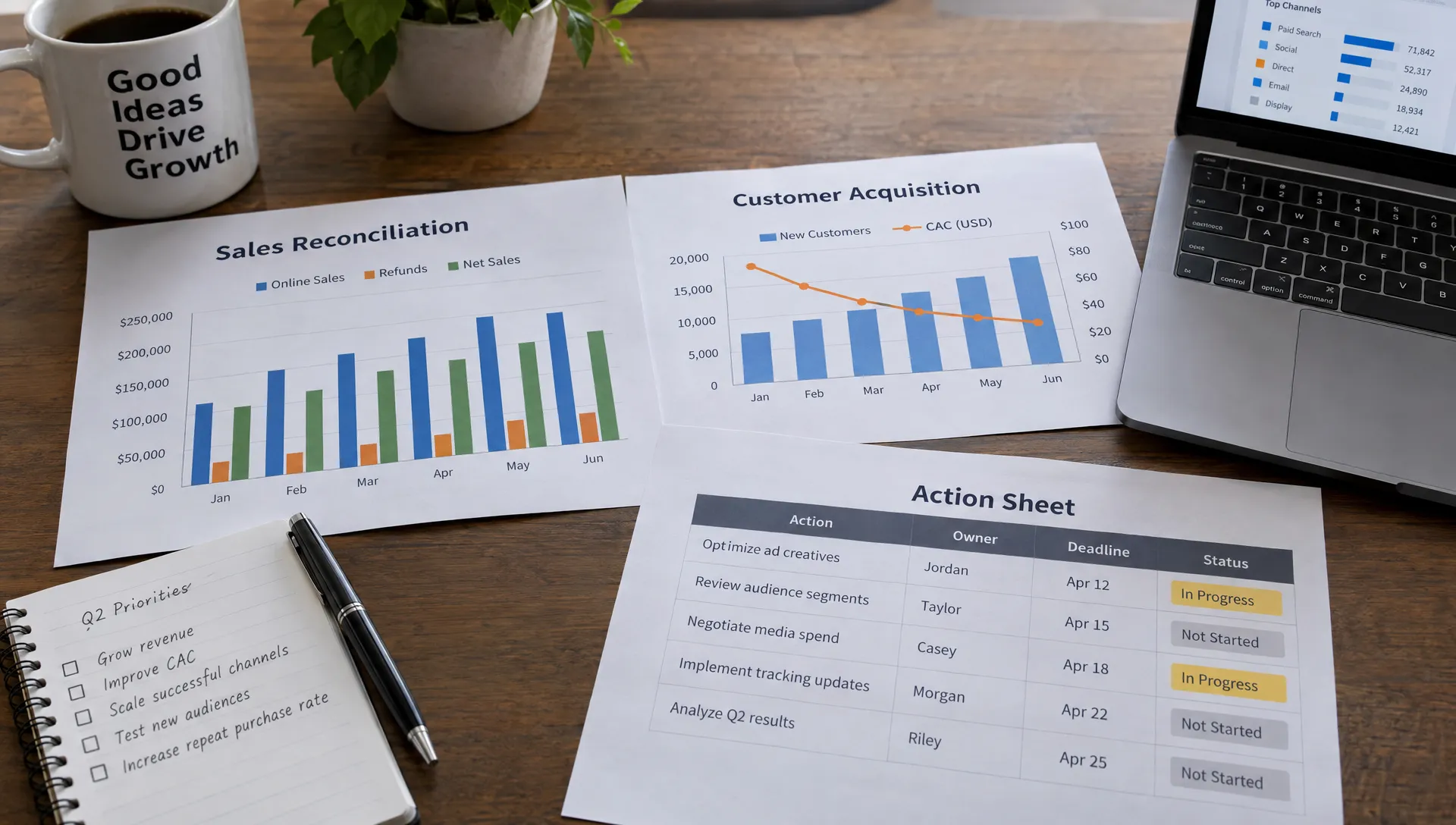 Printed sales reconciliation and customer acquisition charts lie beside an action sheet with owners and deadlines during an ecommerce advertising review.