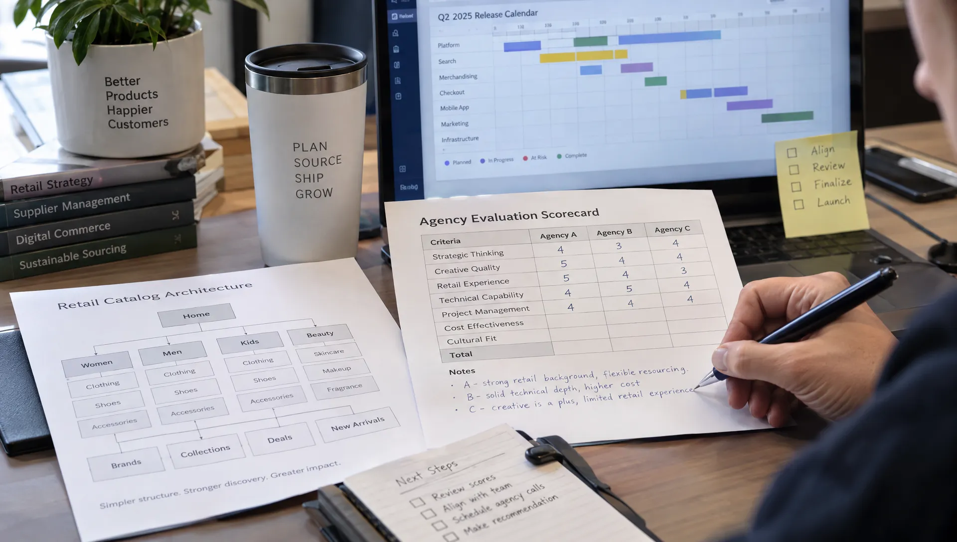 An analyst marks an agency evaluation scorecard beside a catalog map and release calendar for enterprise ecommerce SEO.