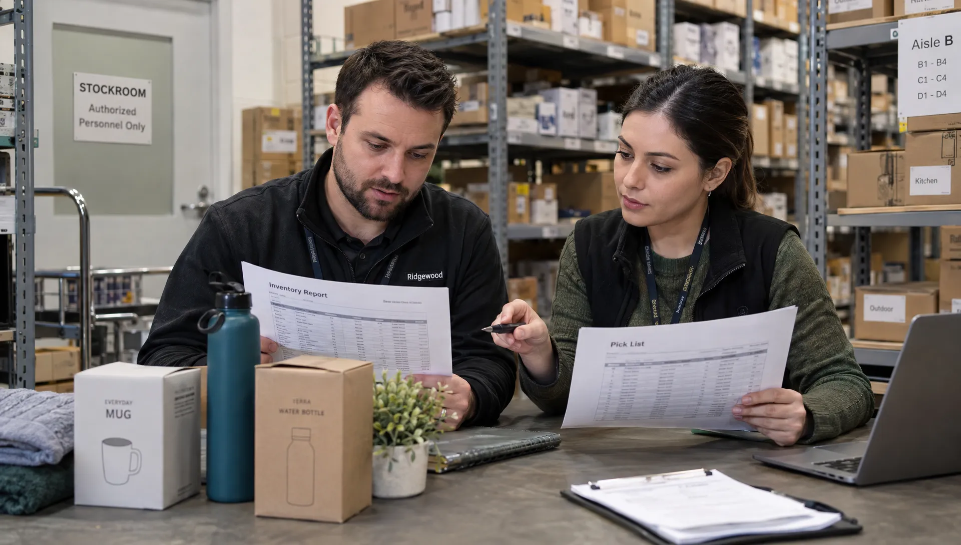 Retail operations colleagues compare inventory reports, product samples, and a pick list while evaluating a platform Shopify can scale with.