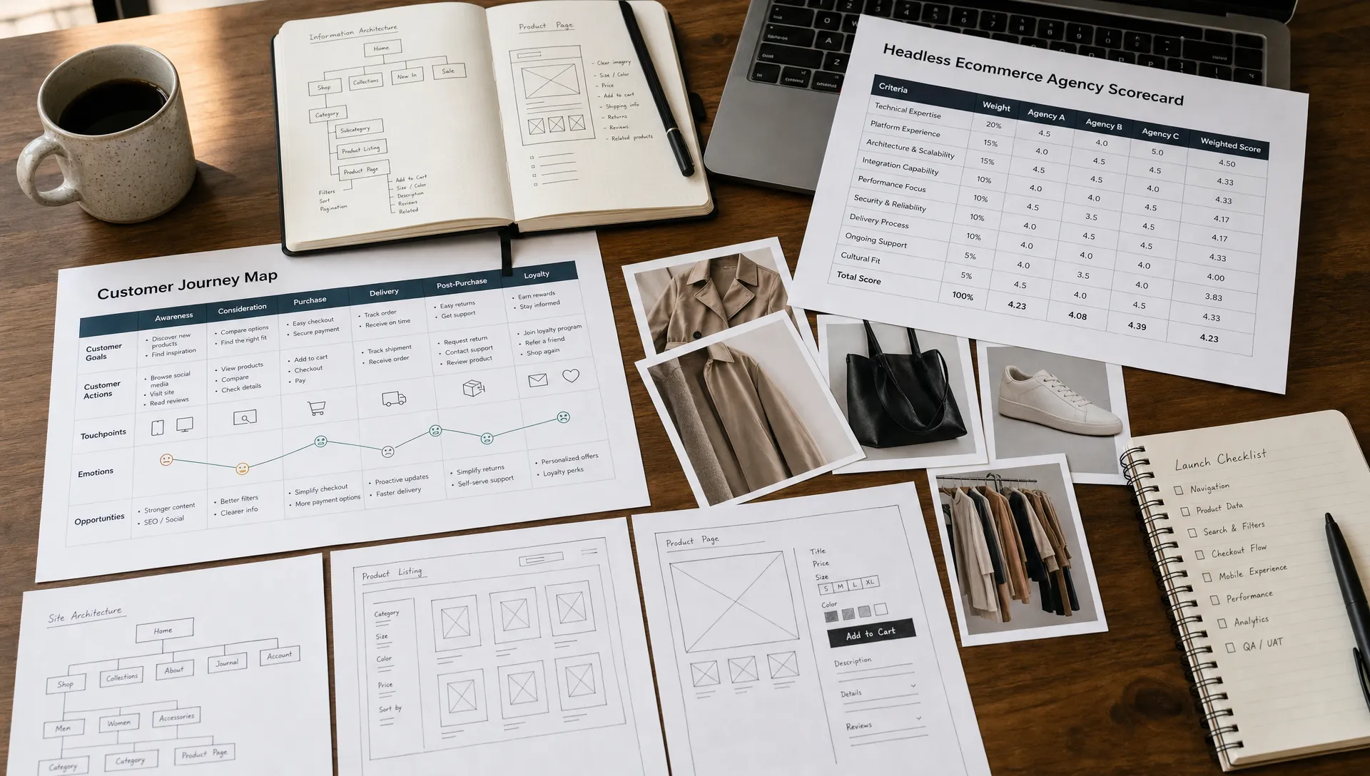 A retail planning table holds architecture notes, customer journey maps, product photos, and a headless ecommerce agency scorecard.