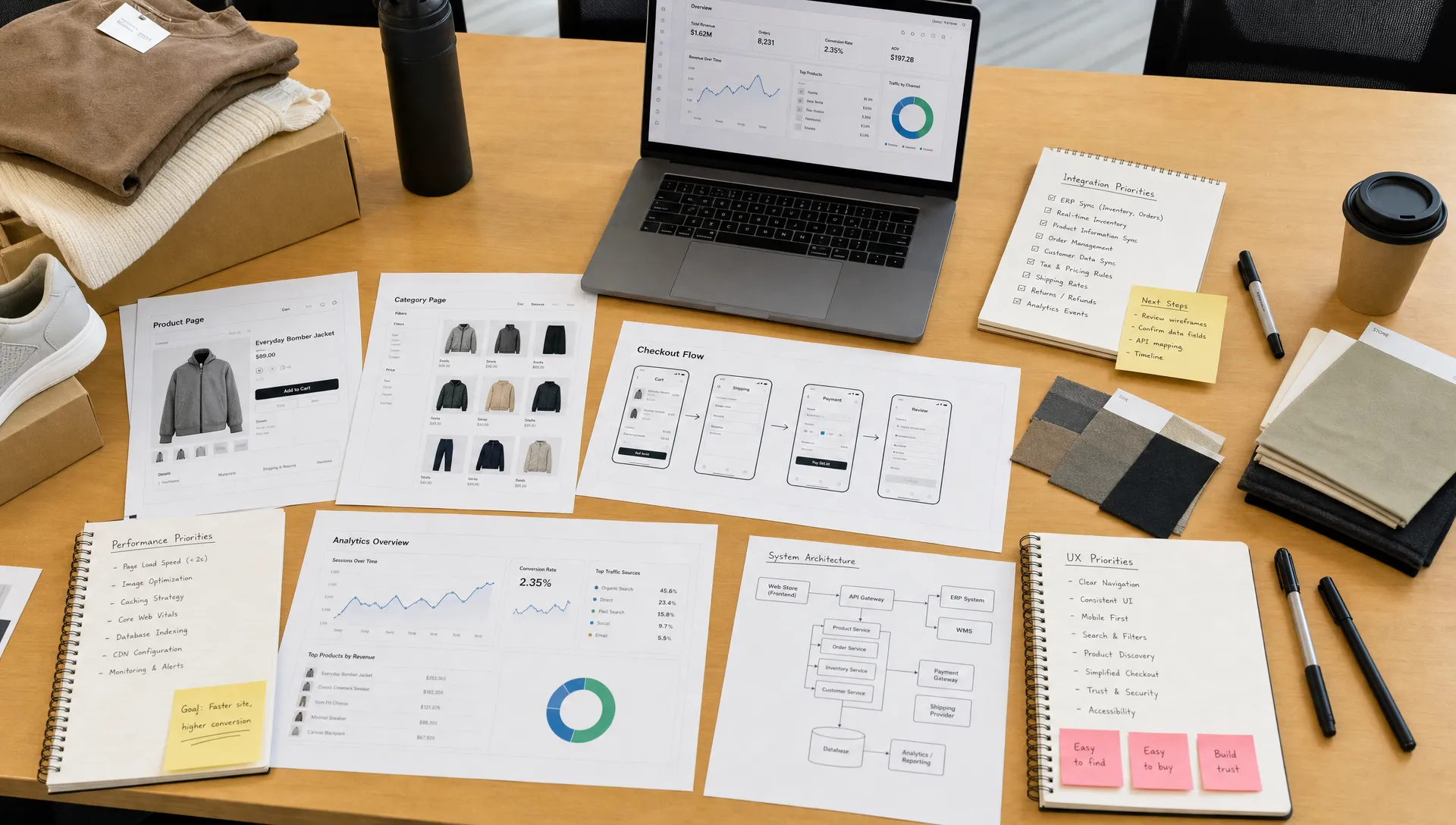 A retail planning table with printed product page wireframes, checkout flow sketches, analytics charts, product samples, and notes for performance, UX, and integration priorities.