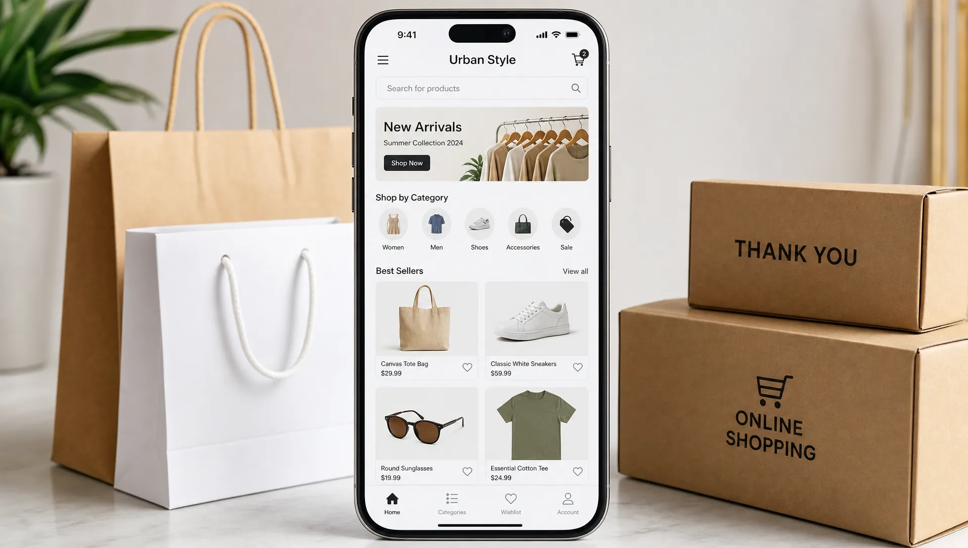 A mobile online retail storefront displayed on a phone screen facing the viewer, showing a clean product grid beside shopping bags and fulfillment boxes.