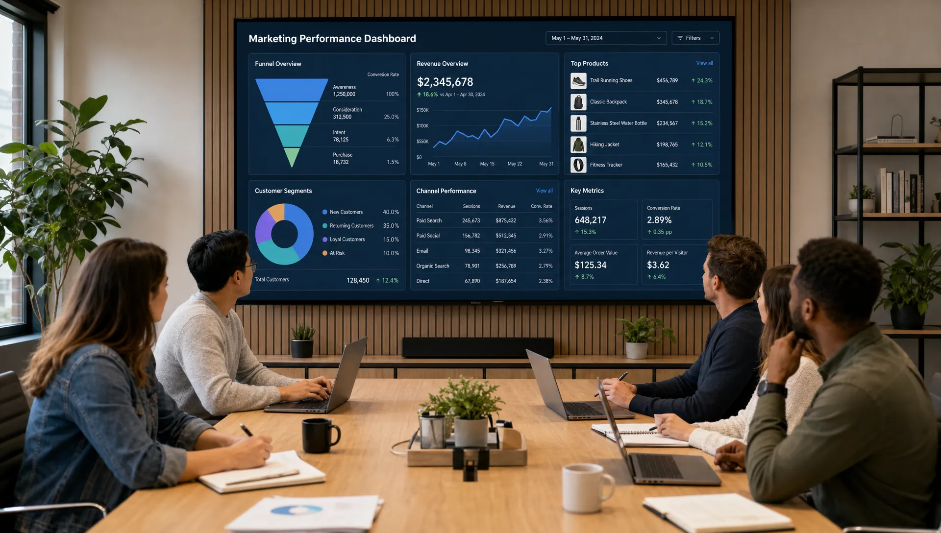 A retail ecommerce team reviews a central marketing performance dashboard on forward-facing screens, with funnel stages, product cards, customer segments, and revenue metrics arranged around a planning table.