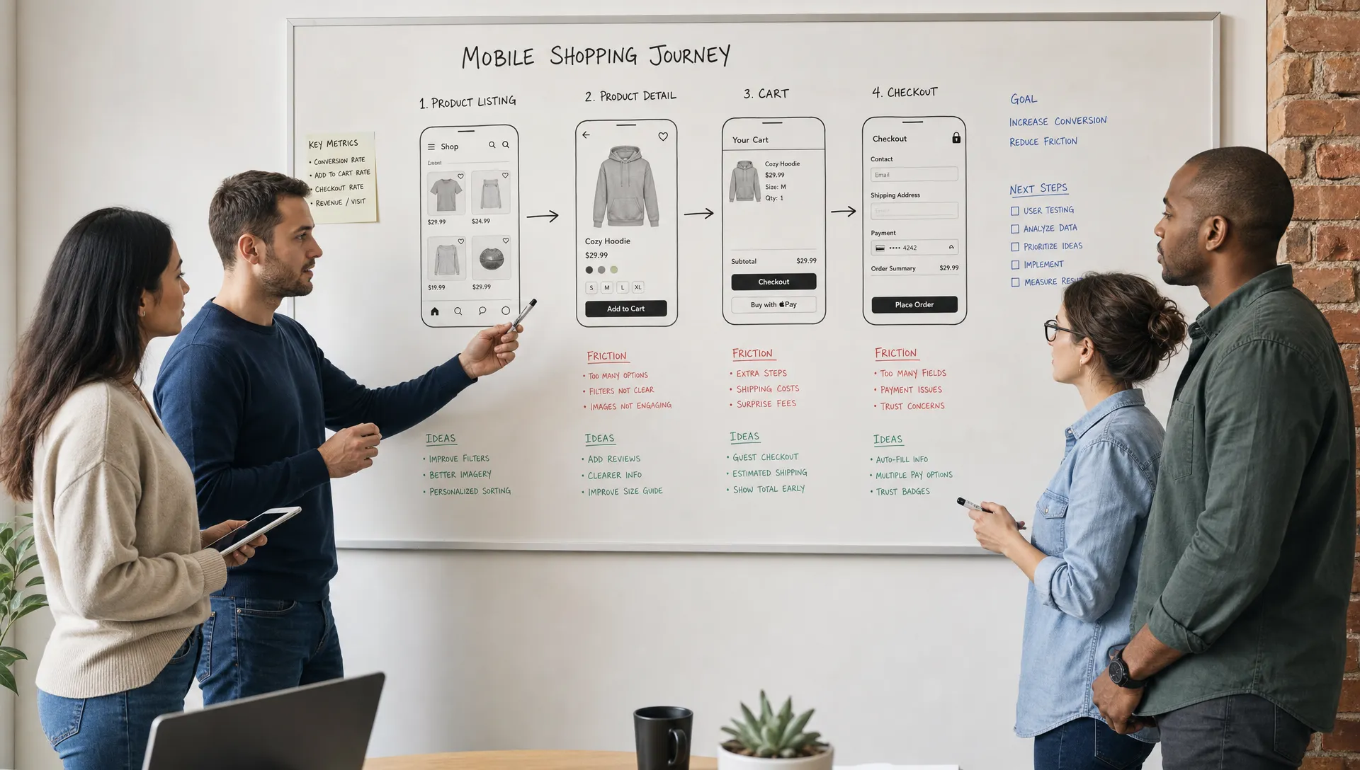 A retail team stands beside a wall whiteboard showing a mobile shopping journey with product listing, product detail, cart, and checkout steps, discussing conversion improvements and shopper friction points.