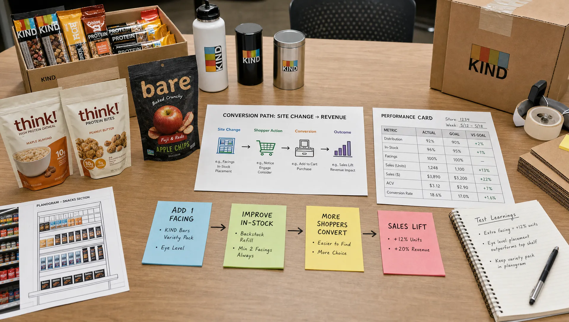 A retail operations table holds product samples, packaging materials, conversion diagrams, performance cards, and sticky notes linking site changes to revenue.