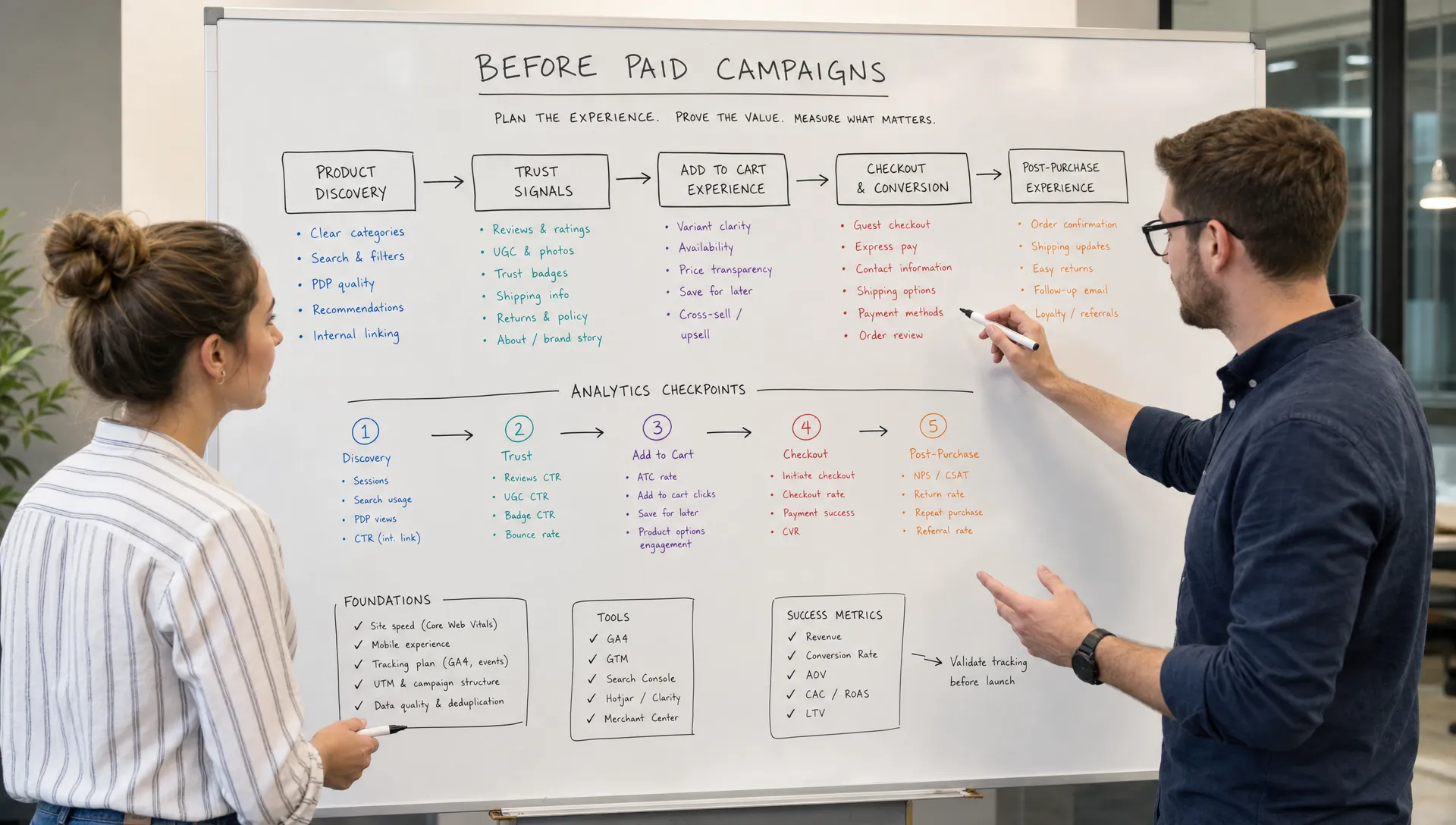 Two retail teammates map product discovery, trust signals, cart steps, and analytics checkpoints on a whiteboard before paid campaigns.