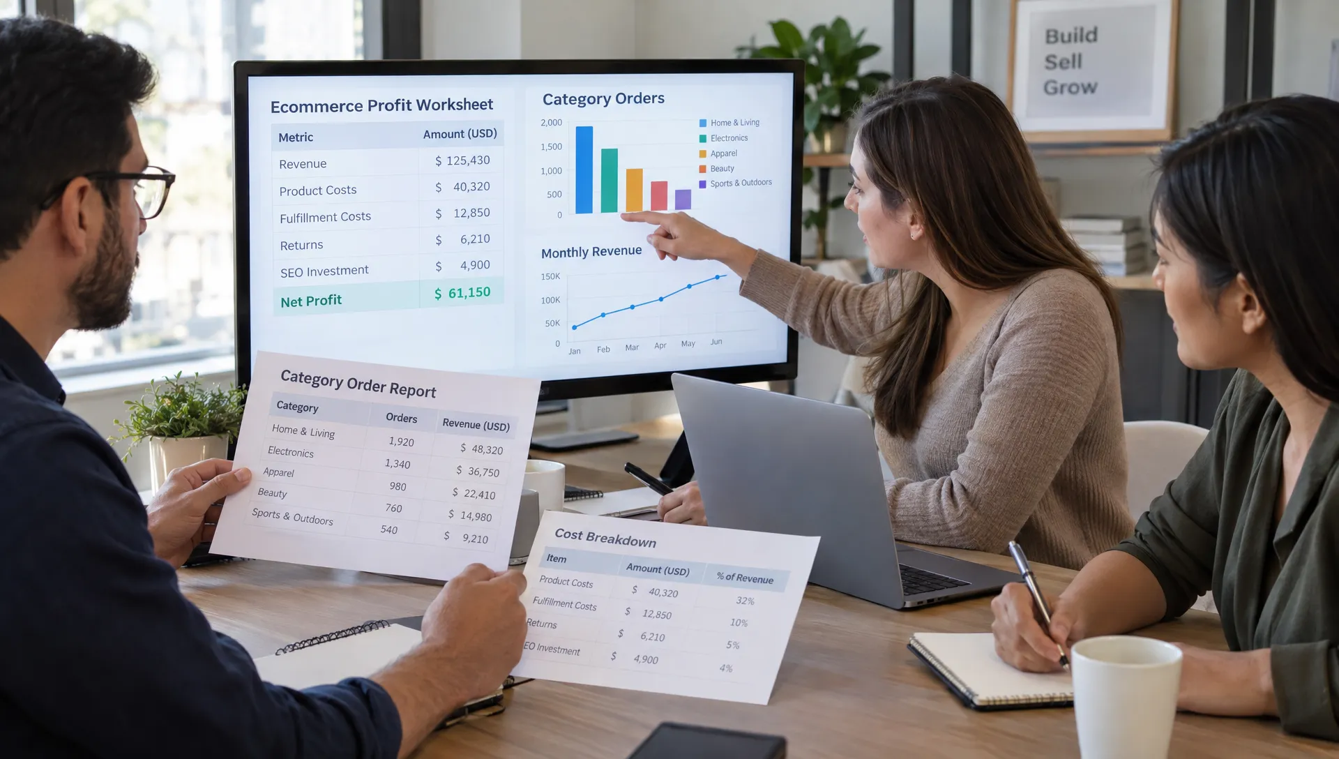 A retail finance team reviews an ecommerce profit worksheet alongside category order reports, comparing revenue, product and fulfillment costs, returns, and SEO investment.