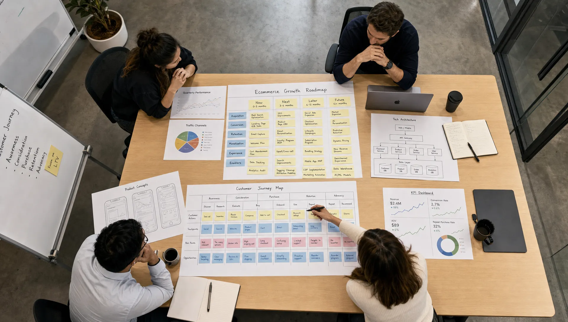 A retail growth team reviews an ecommerce roadmap around a conference table with charts, product sketches, customer journey notes, and technical architecture cards arranged into prioritized workstreams, seen from an overhead angle in a modern meeting room.