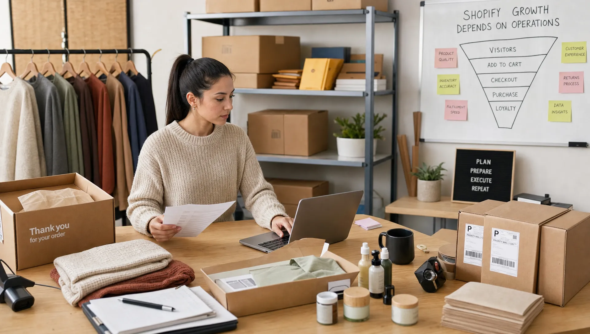 A retail operations workspace with product samples, shipping boxes, funnel notes, and packaged orders shows how Shopify growth depends on operations.
