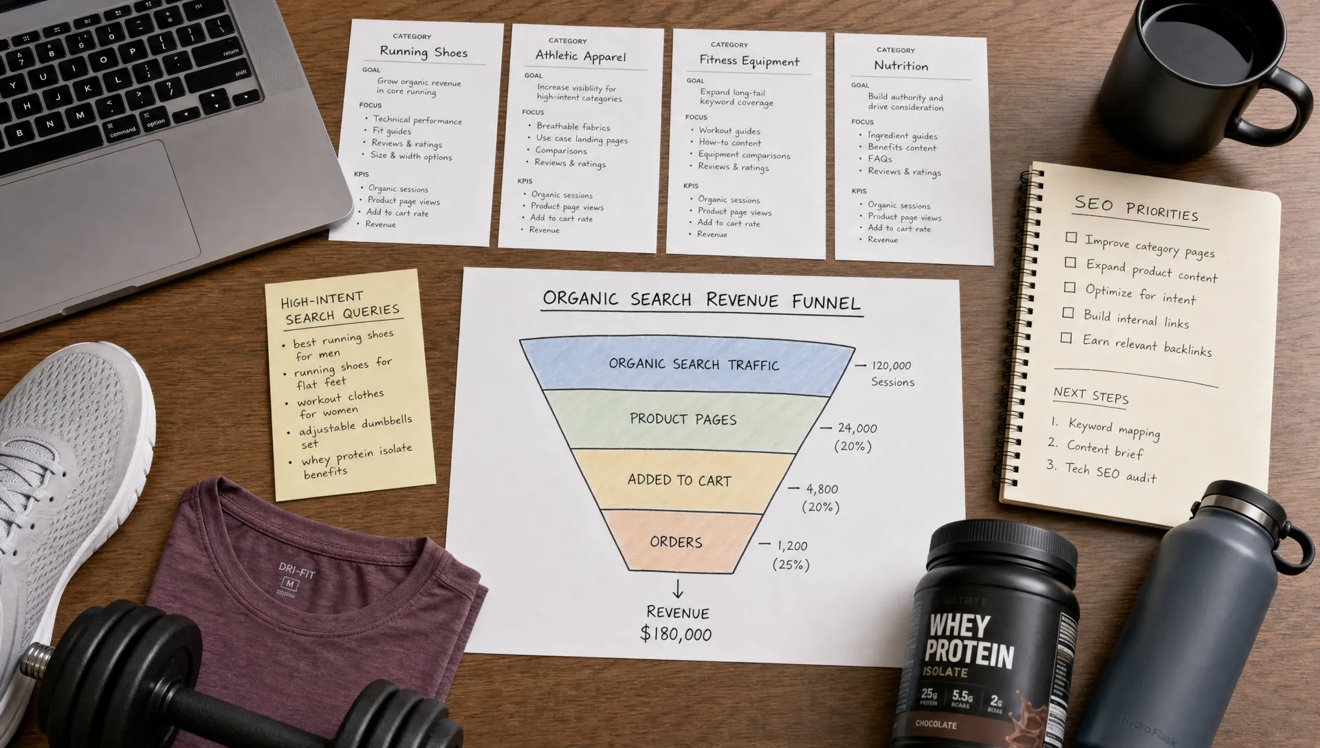 A tabletop planning scene with product samples, category planning cards, search query notes, and a simple revenue funnel chart connecting organic search traffic to product pages, carts, and completed orders.