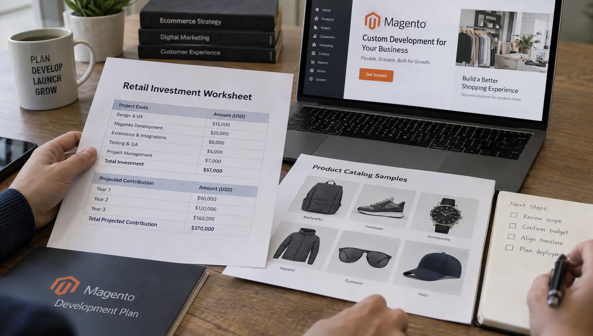 A retail investment worksheet lists project costs and projected contribution beside product catalog samples during a planning review of custom Magento development.