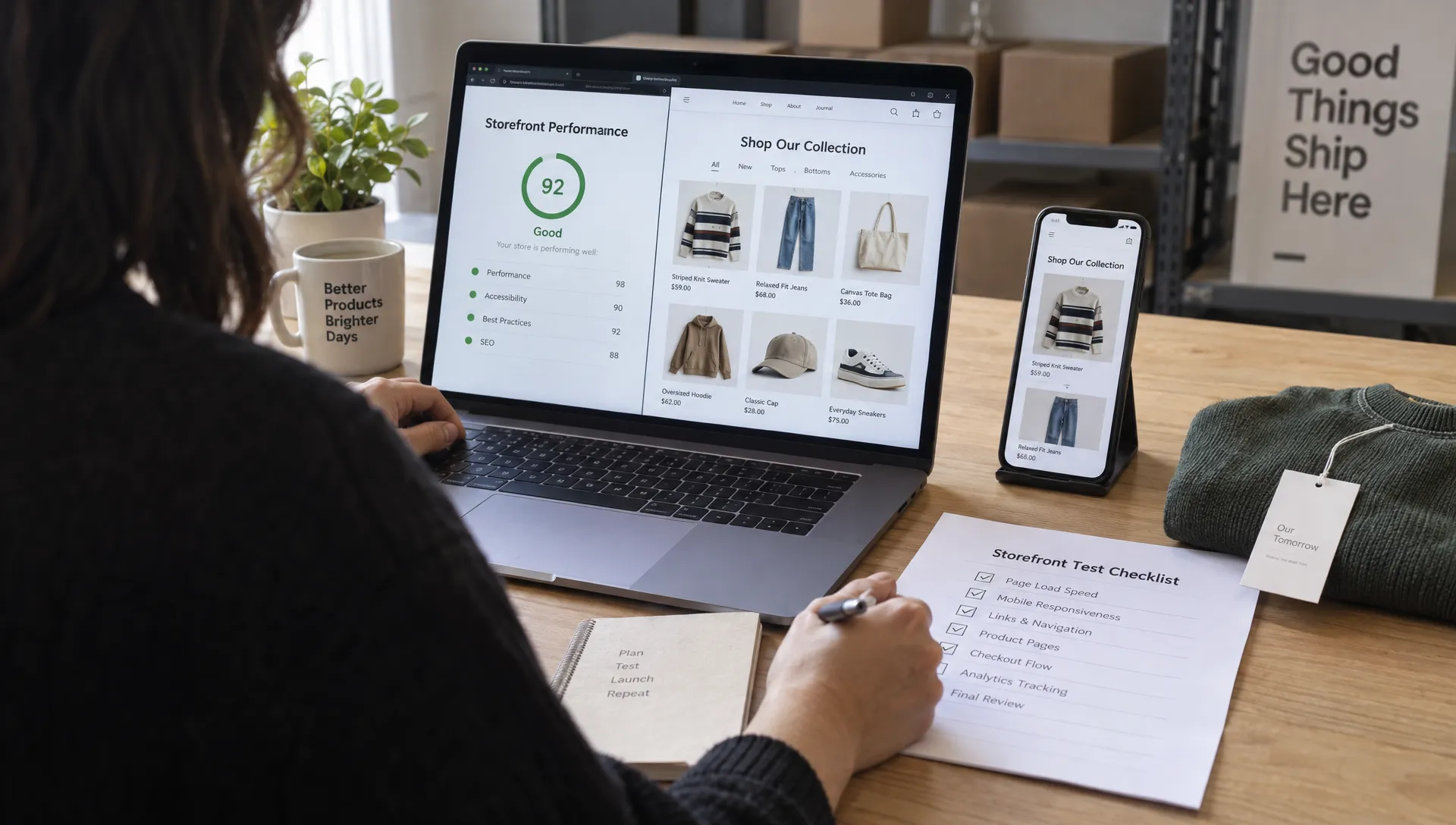 An ecommerce specialist checks a collection preview and storefront performance test beside a printed verification checklist.