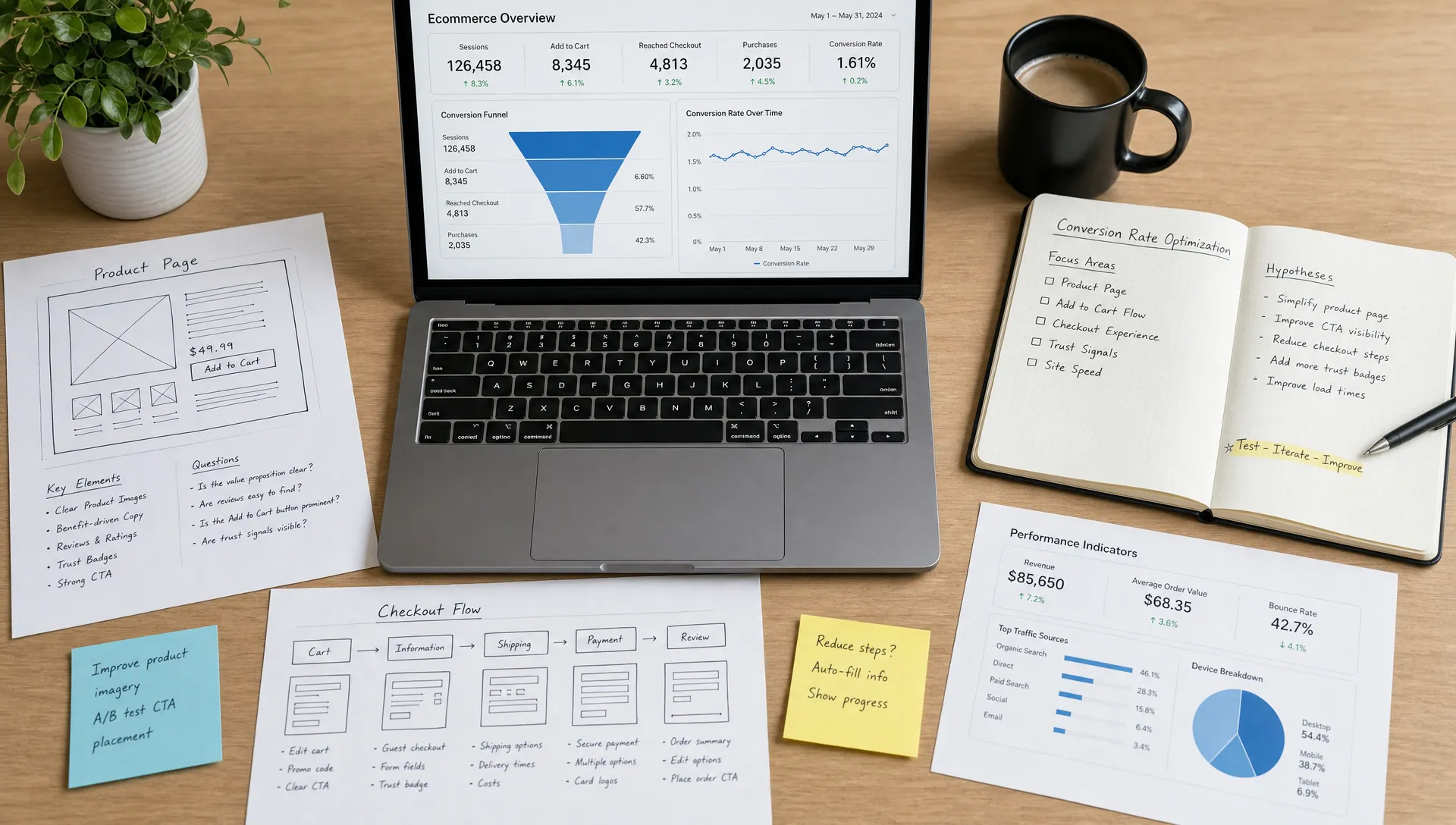 A retail ecommerce optimization desk with funnel metrics, product page sketches, checkout flow notes, and performance indicators arranged across the surface to represent conversion rate analysis.