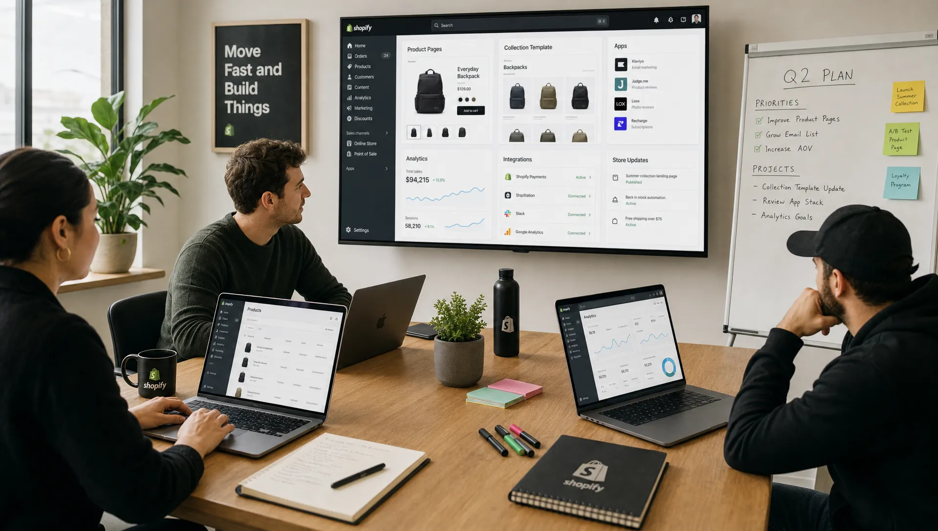 A Shopify operations workspace shows product pages, collection templates, apps, analytics, and integrations organized around a planning table.