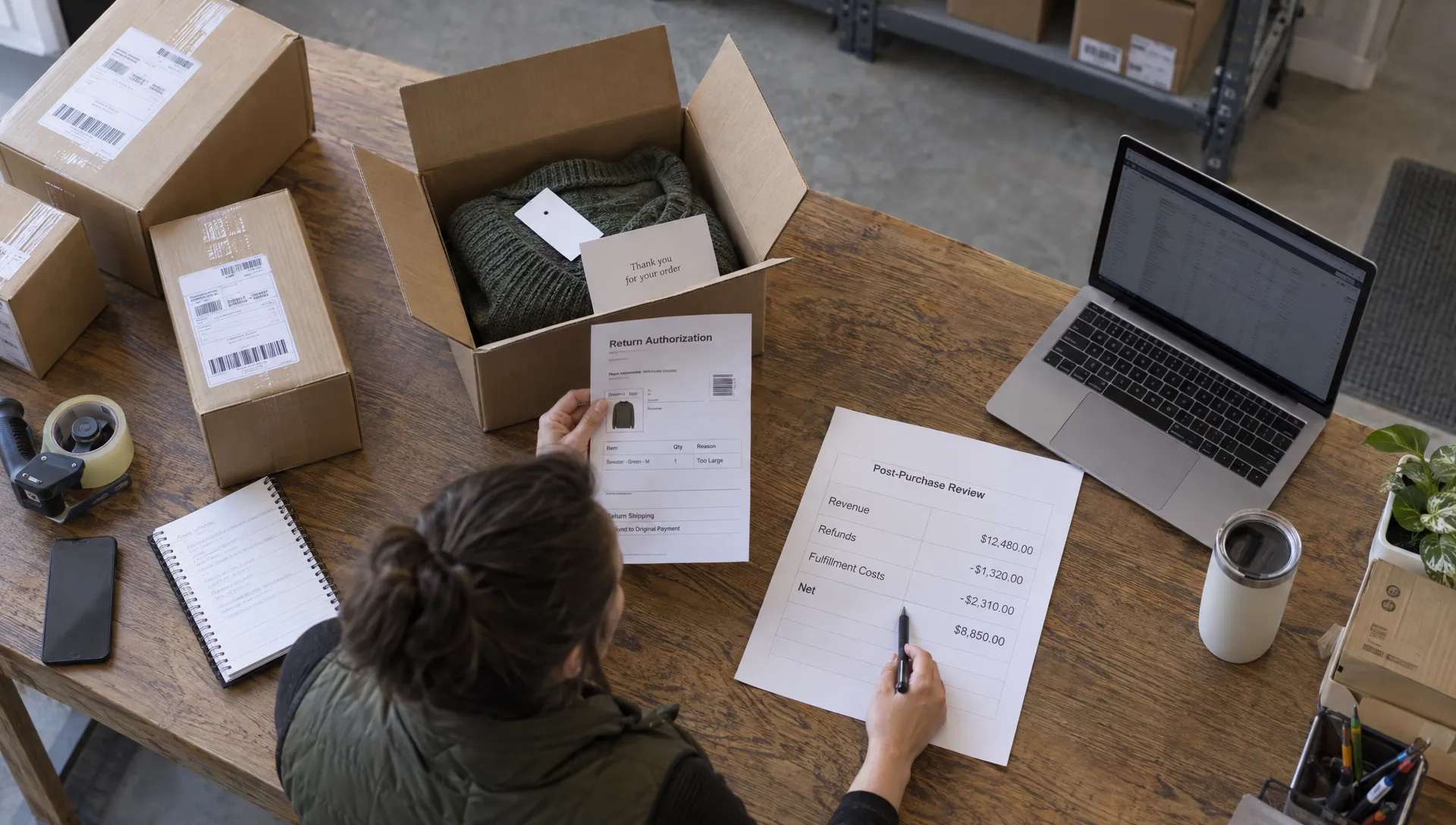 A retail worker compares a returned order with a scorecard separating revenue, refunds, and fulfillment costs to assess conversion optimization companies’ results.